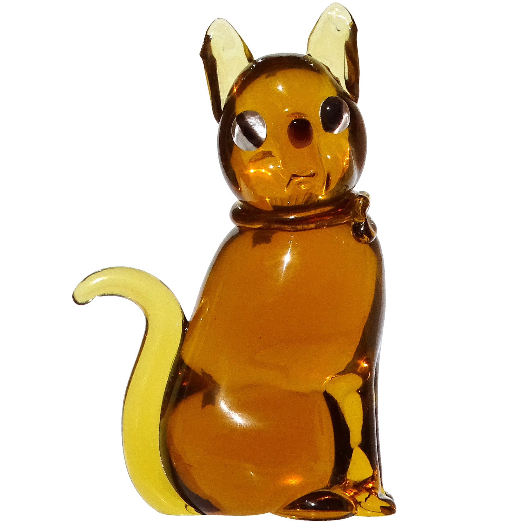 Italienische Seguso Murano-Kunstglas-Figur einer Katzenfigur aus goldenem Bernstein mit Goldflecken und Schleife