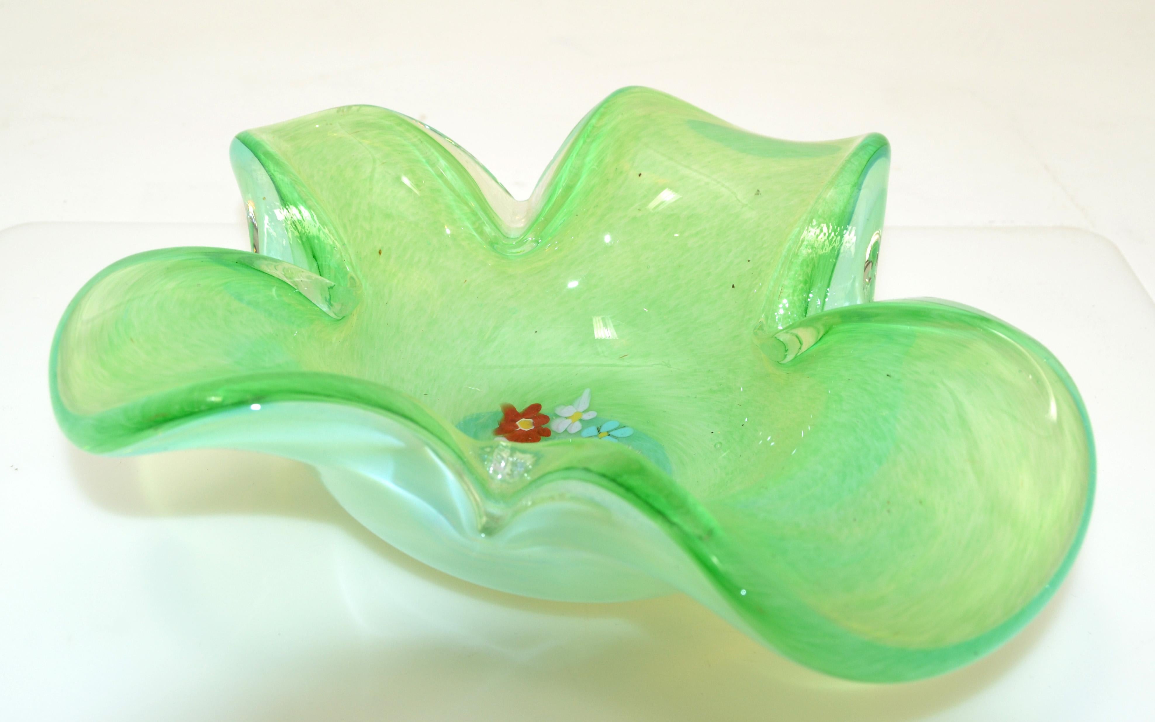 Hand-Crafted Seguso Murano Green Clear & White Millefiori Flowers Bowl, Catchall Italy 1950 For Sale