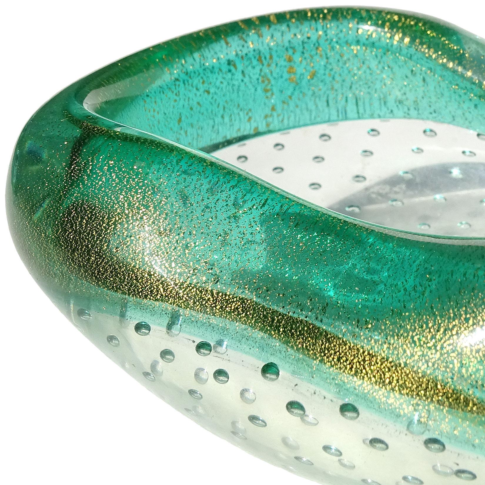 Mid-Century Modern Seguso Murano Green Gold Flecks Bubbles Incalmo Rim Italian Art Glass Bowl