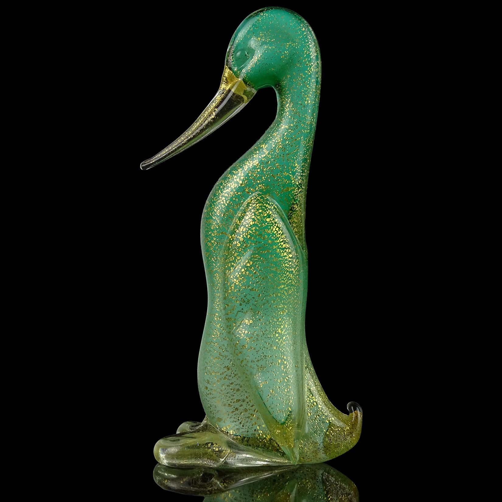 Mid-Century Modern Seguso Murano Green Gold Flecks Italian Art Glass Standing Duck Bird Figurine For Sale