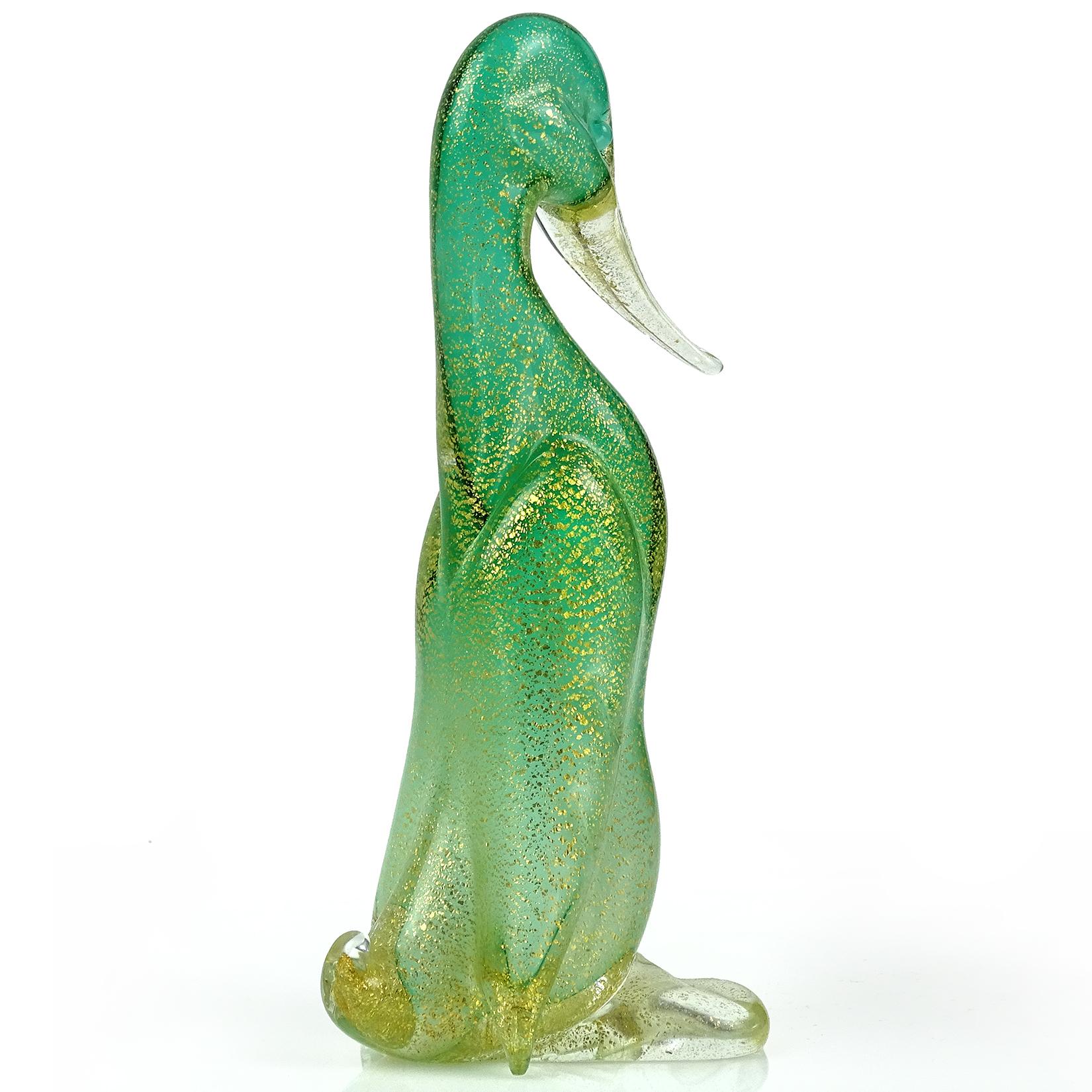 Fait main Seguso Murano - Figurine d'oiseau canard debout en verre d'art italien, vert et moucheté d'or en vente