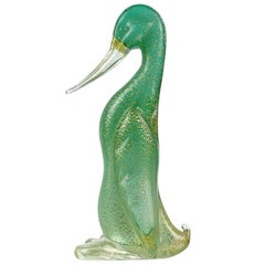 Seguso Murano Green Gold Flecks Italian Art Glass Standing Duck Bird Figurine