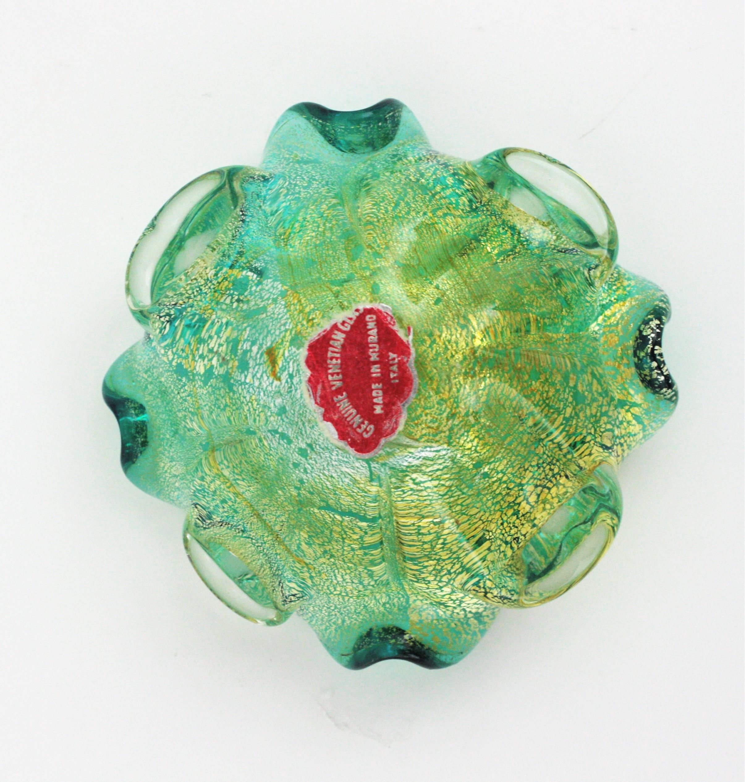 Seguso Murano Green Gold Flecks Sommerso Italian Art Glass Flower Bowl 6