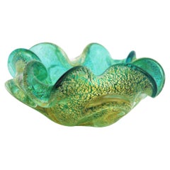 Seguso Murano Green Gold Flecks Sommerso Italian Art Glass Flower Bowl