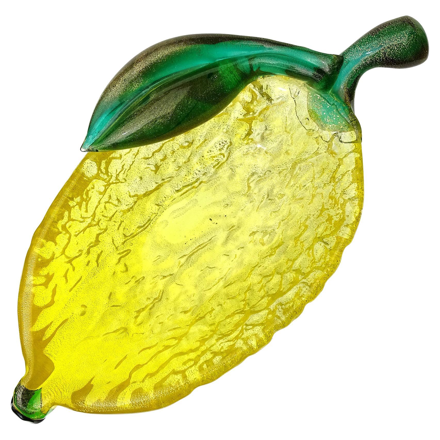Seguso Murano Green Yellow Gold Flecks Italian Art Glass Lemon Fruit Bowl Dish