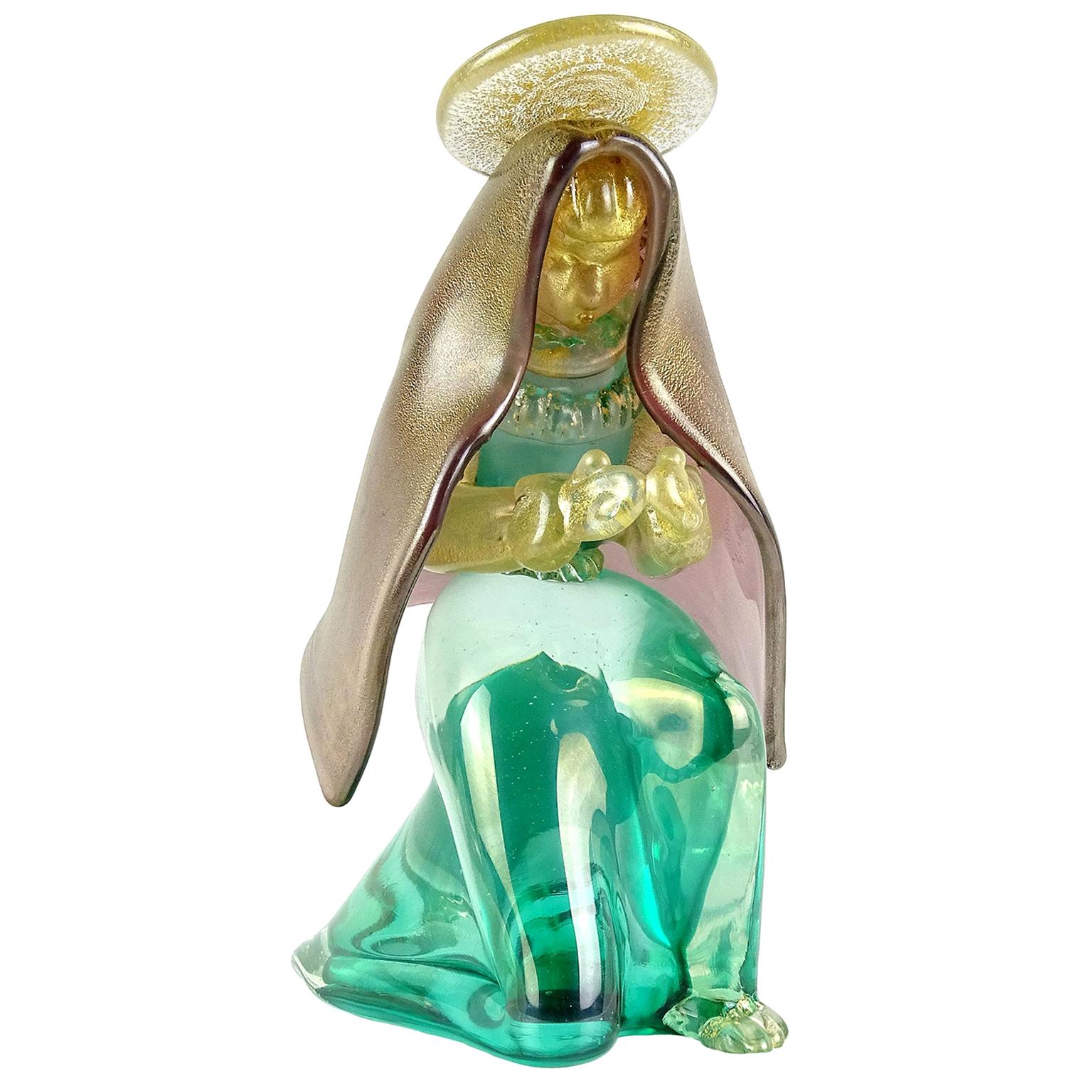 Seguso - Figurine italienne de la nativité de la Vierge Marie en verre d'art de Murano irisé à feuilles d'or