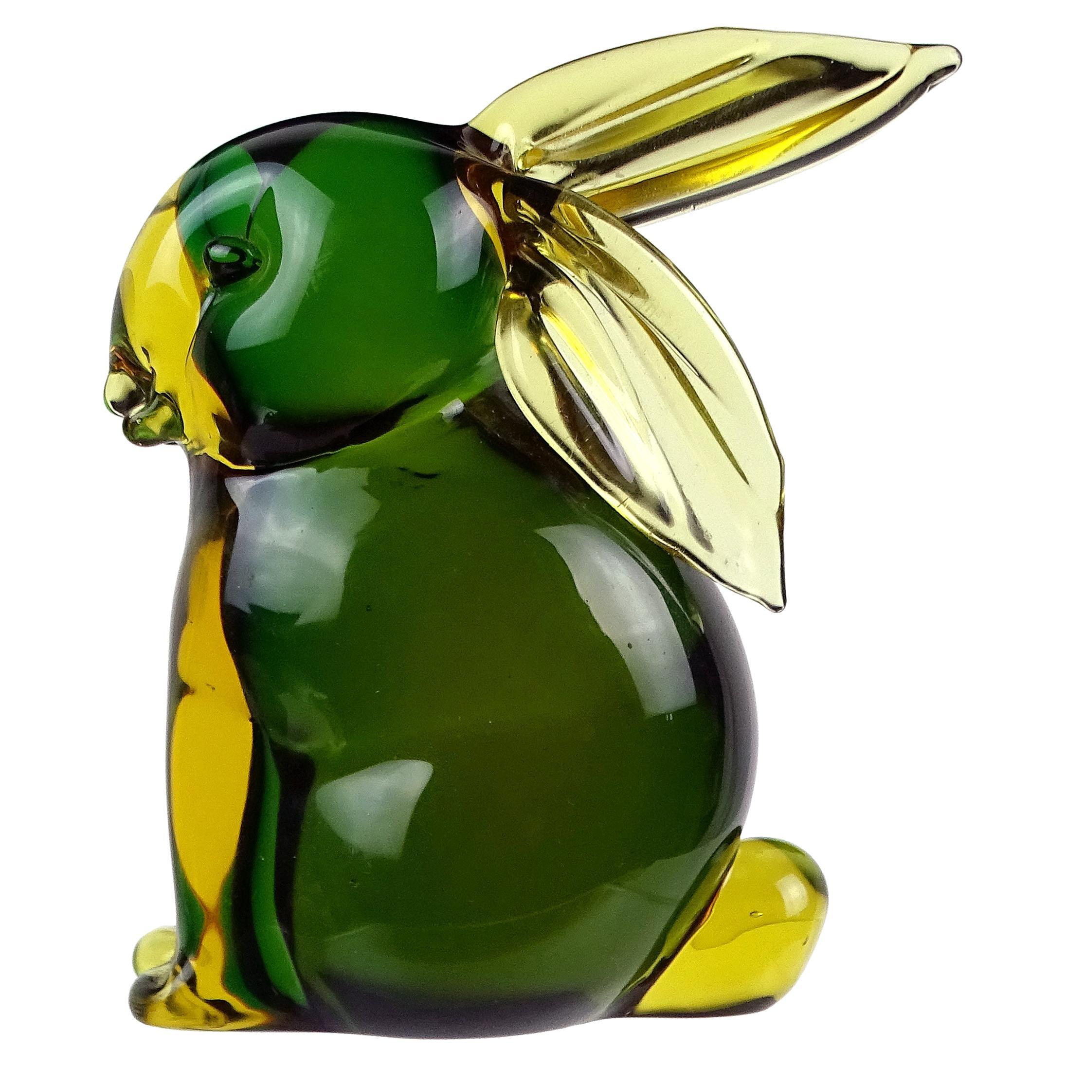 Seguso Murano Italian Art Glass Sommerso Green Bunny Rabbit Figurine Sculpture