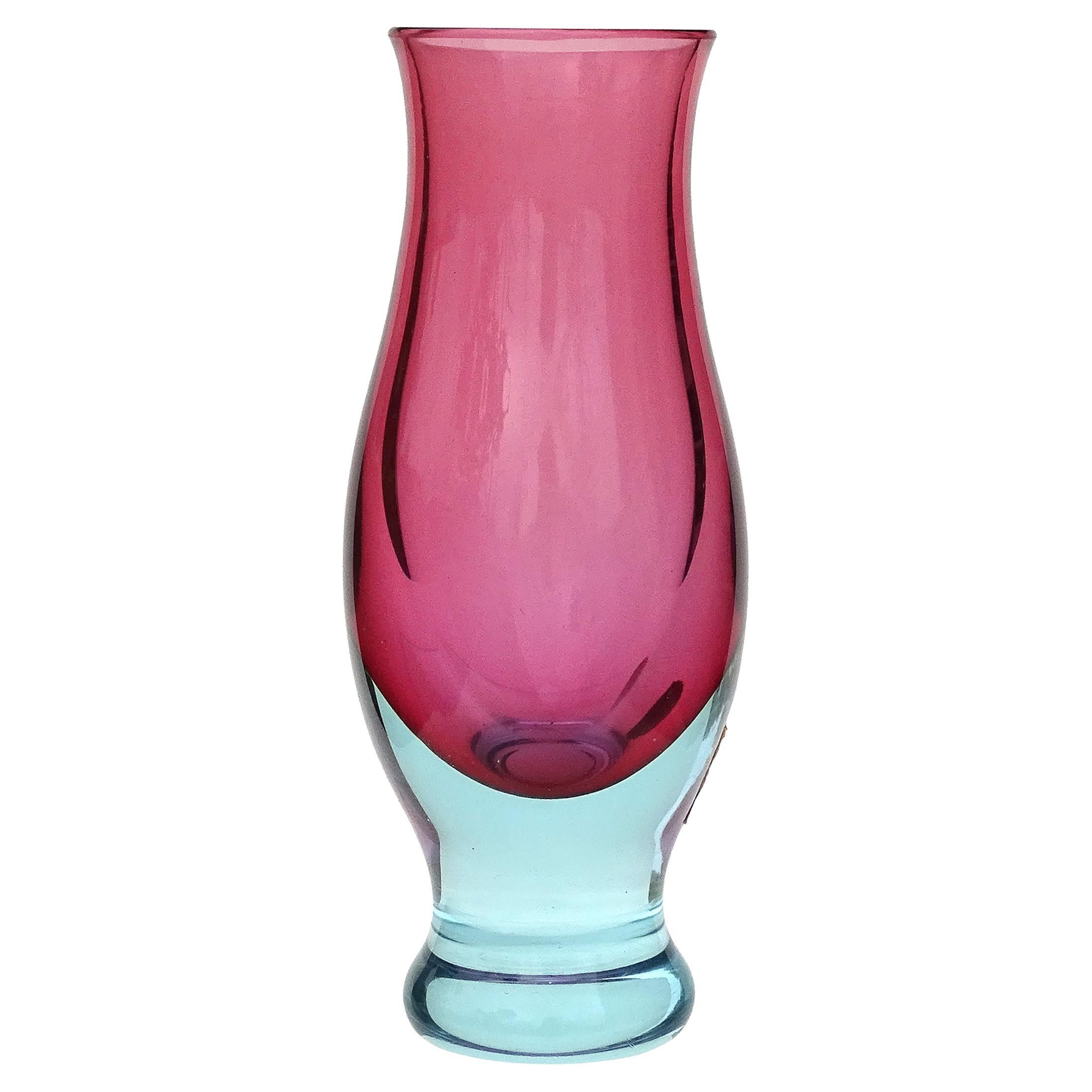 Seguso Murano Glass Sommerso Flower Vase, Blue Pink Midcentury Italian Art Glass