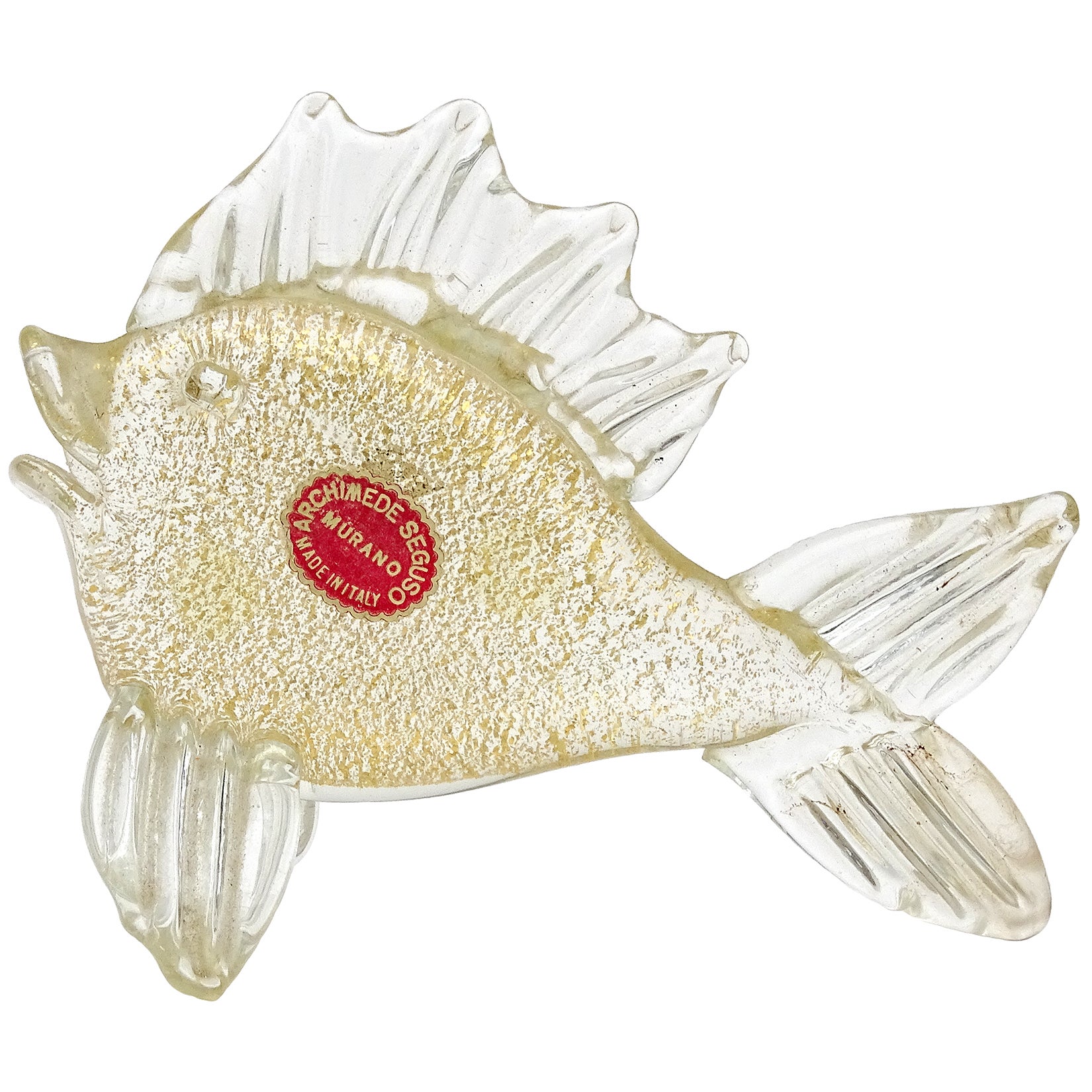 Seguso Murano Label Vintage Gold Flecks Italian Art Glass Fish Sculpture Figure