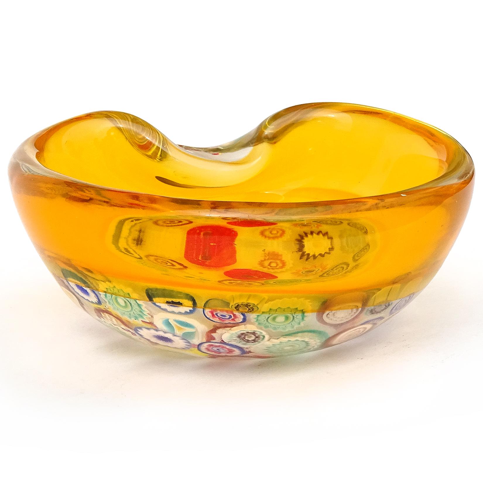 Italiano Seguso Murano Millefiori Fiori Canne di vetro d'arte italiana Incalmo Ciotola con bordo arancione in vendita
