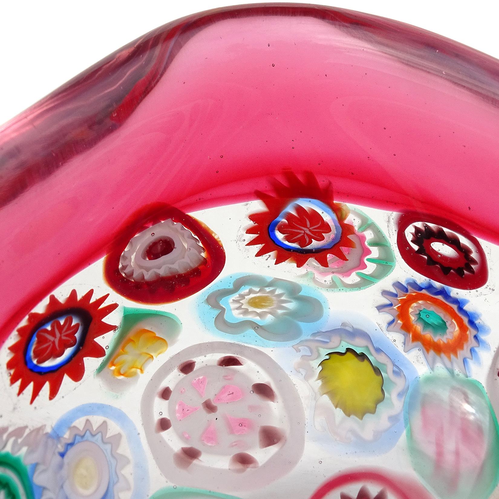 Seguso Murano Flor Millefiori Bastones Vidrio Arte Italiano Incalmo Rosa Tazón Borde Moderno de mediados de siglo