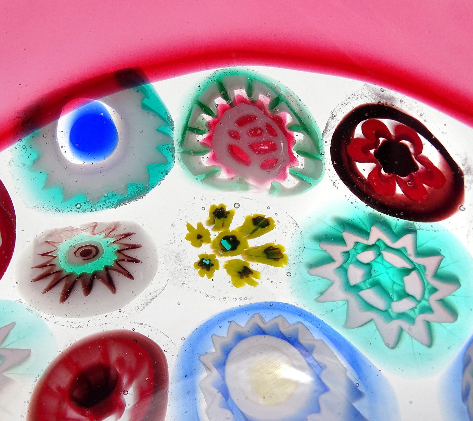 Seguso Murano Flor Millefiori Bastones Vidrio Arte Italiano Incalmo Rosa Tazón Borde Hecho a mano