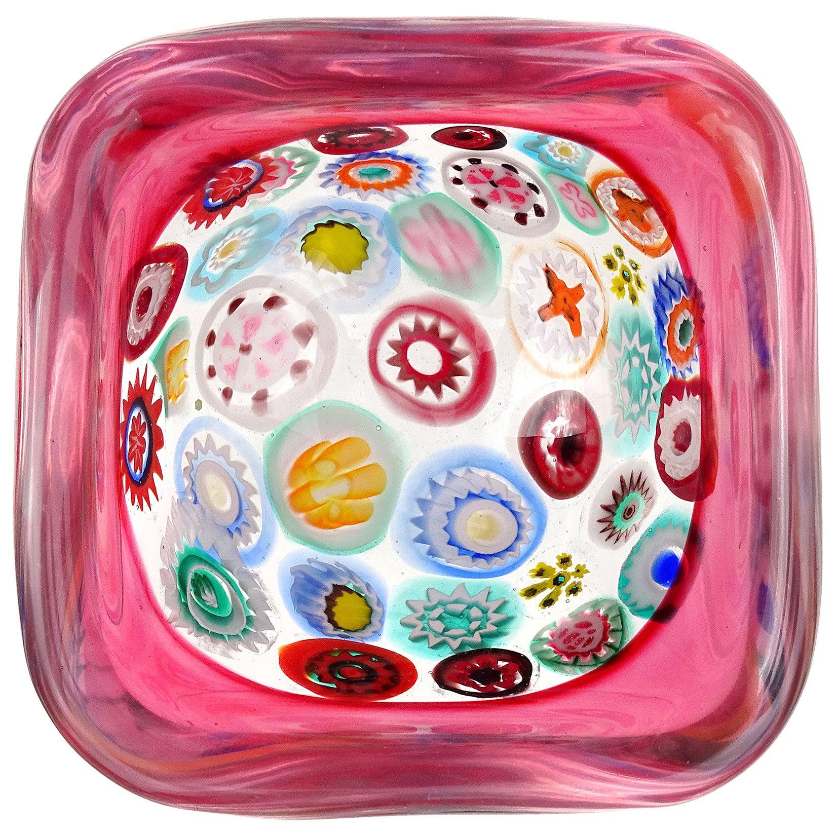 Seguso Murano Millefiori Flower Canes Italian Art Glass Pink Incalmo Rim Bowl