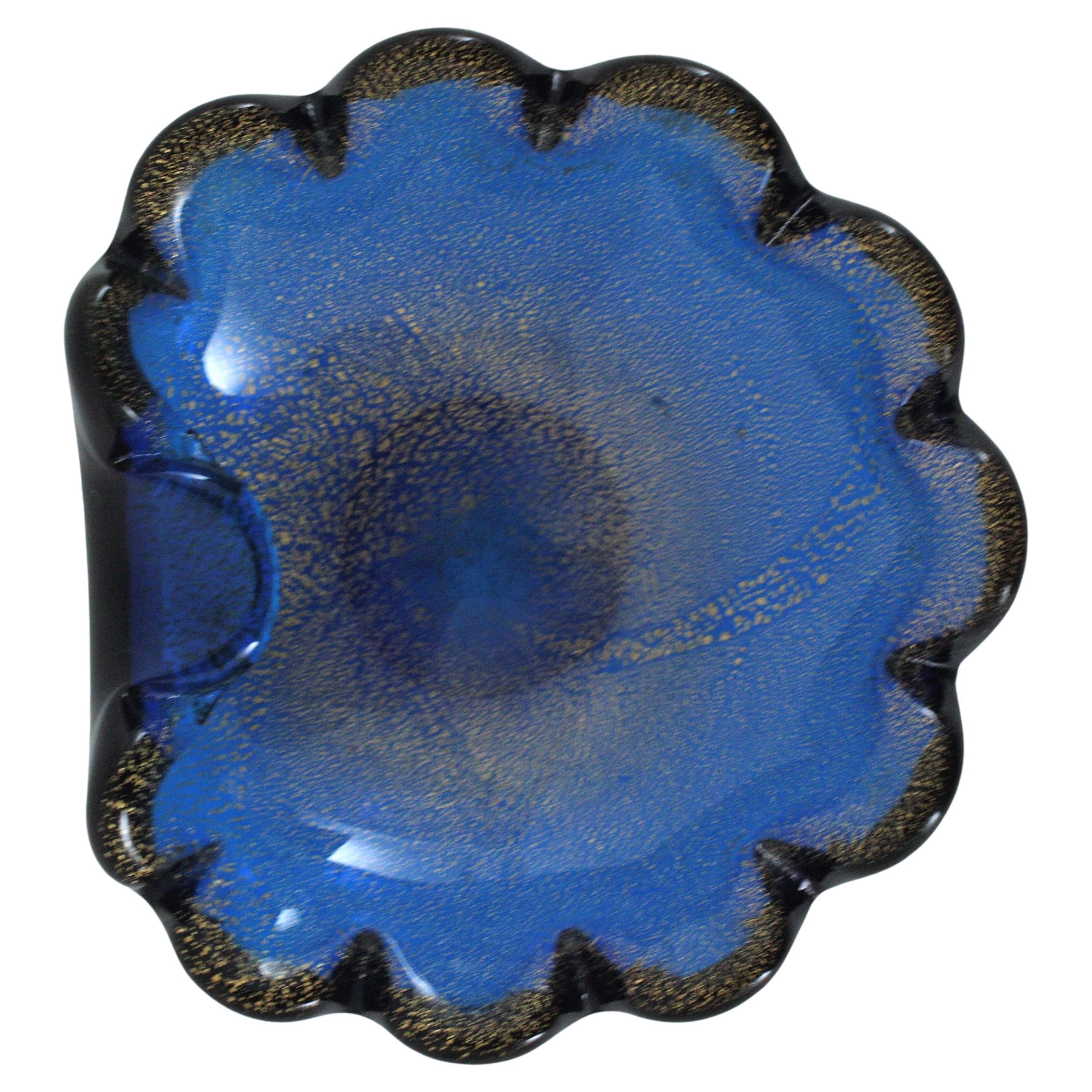 Seguso Murano Navy Blue Gold Flecks Art Glass Shell Bowl For Sale 6
