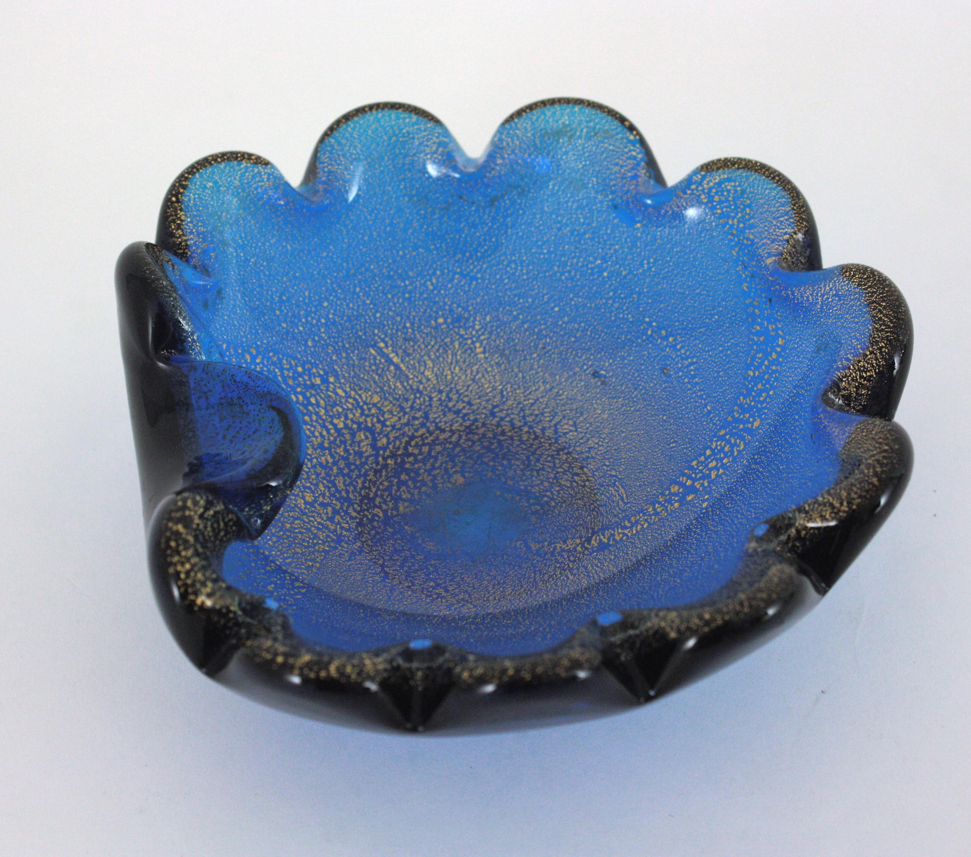 Seguso Murano Navy Blue Gold Flecks Art Glass Shell Bowl For Sale 7