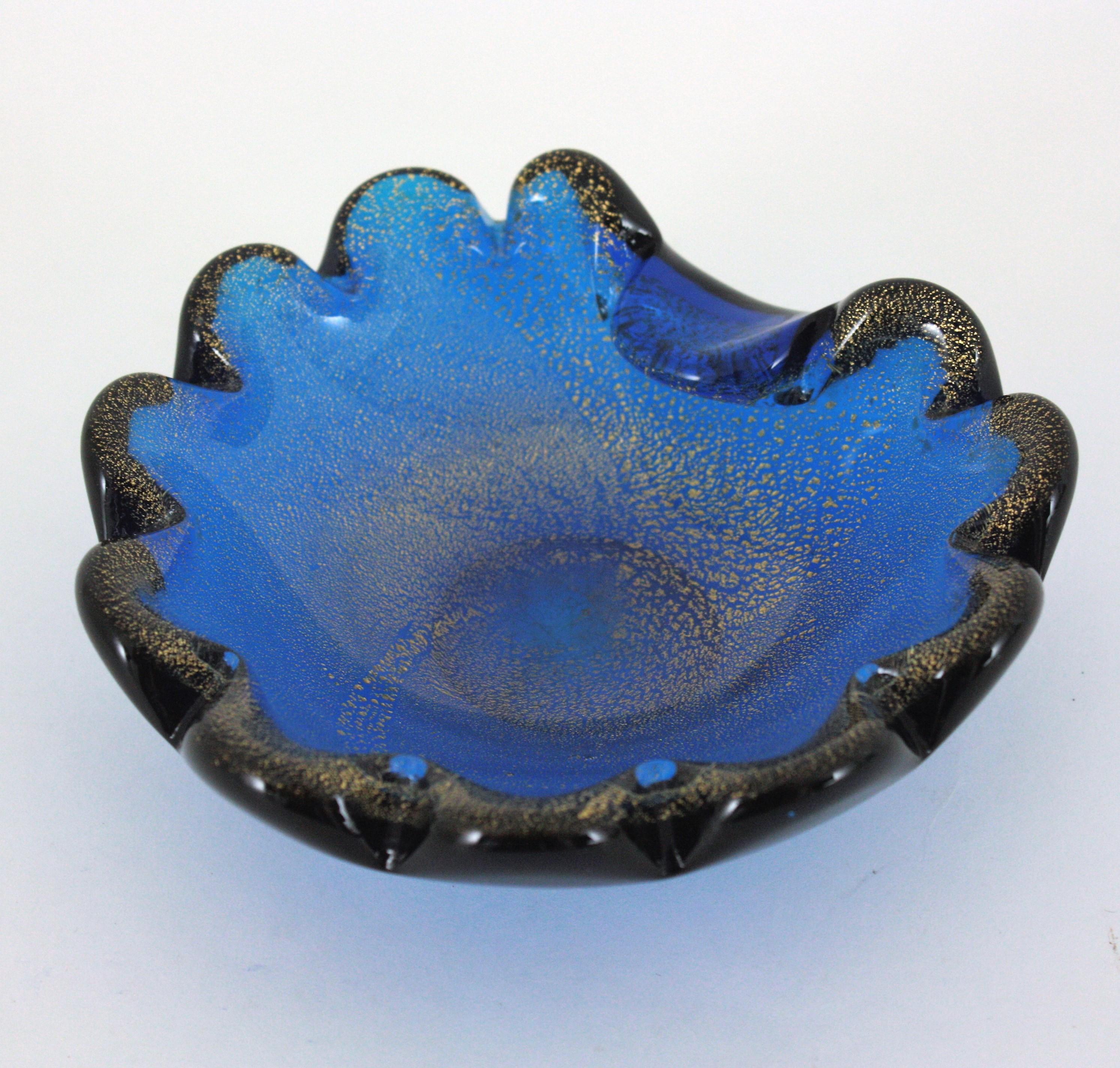 Seguso Murano Navy Blue Gold Flecks Art Glass Shell Bowl For Sale 8