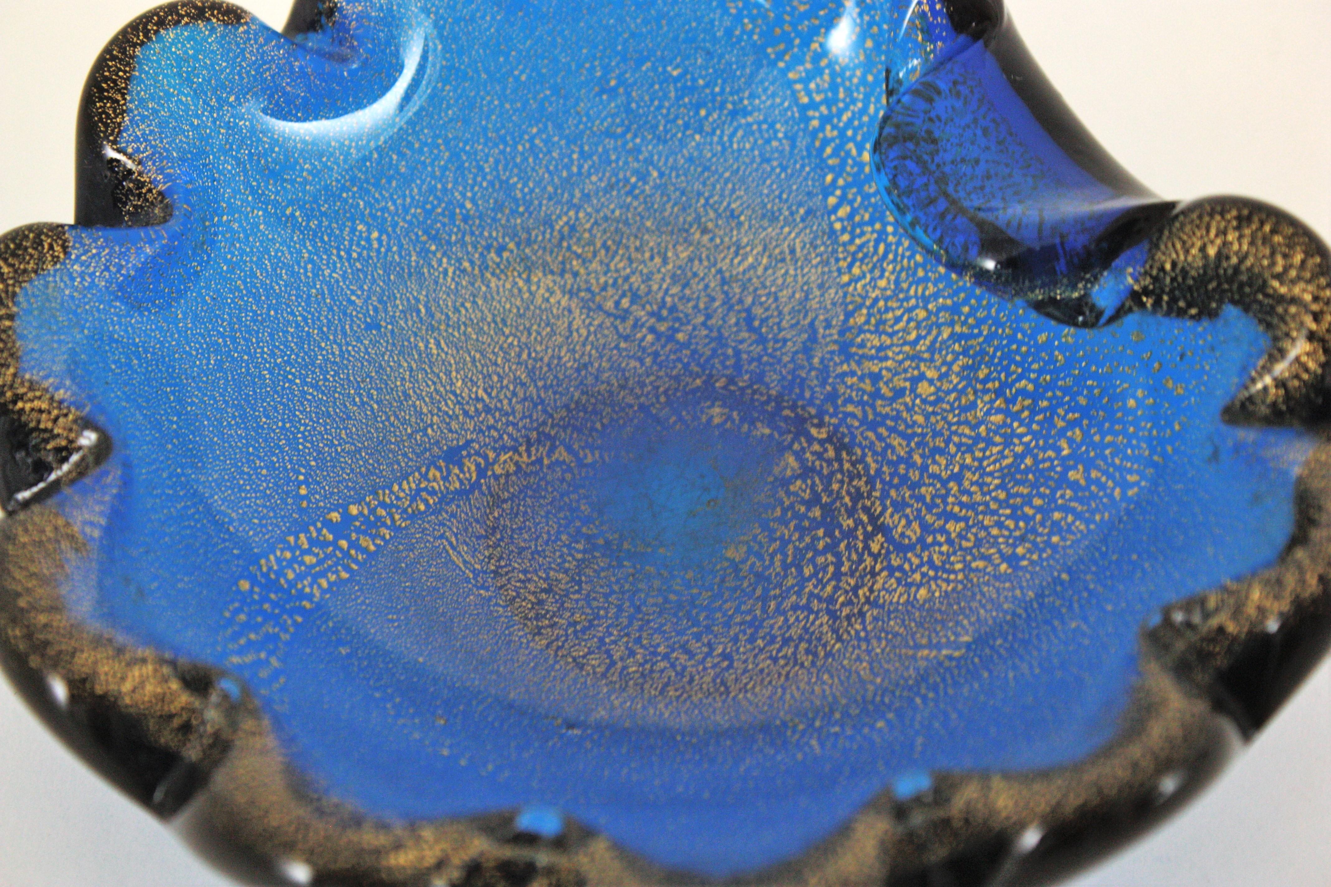 Italian Seguso Murano Navy Blue Gold Flecks Art Glass Shell Bowl For Sale