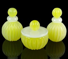 Seguso Murano Opal Yellow White Italian Art Glass Jar Bottles Vanity 3 Piece Set