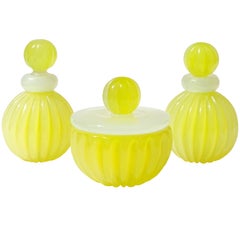Seguso Murano Opal Yellow White Italian Art Glass Jar Bottles Vanity 3 Piece Set