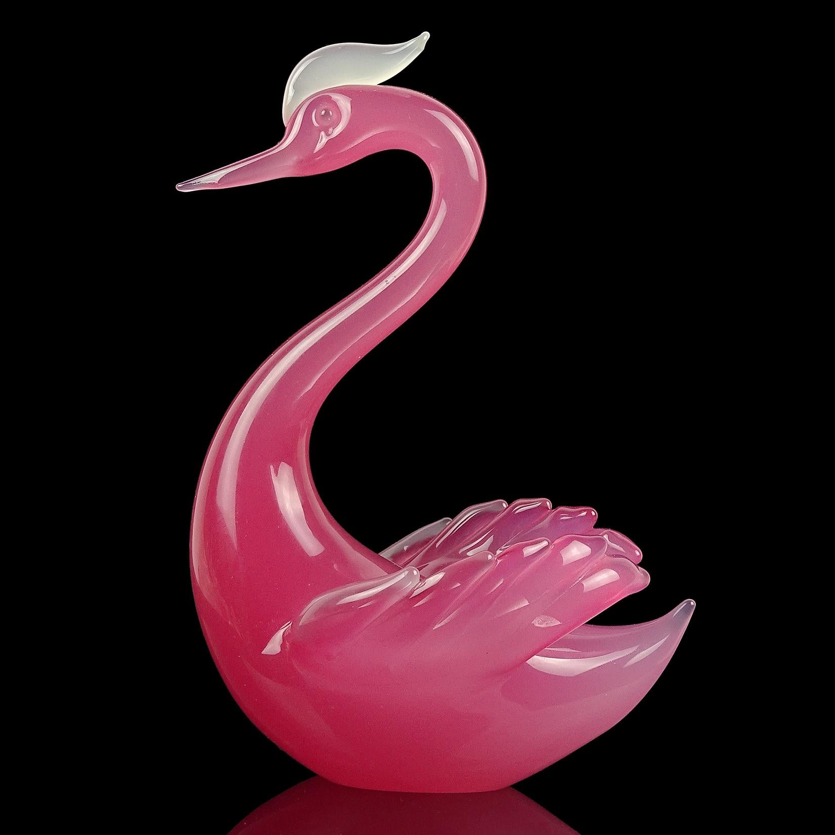 Beautiful vintage Murano hand blown opalescent dark pink and white Italian art glass swan bird sculpture / figure. Documented to designer Archimede Seguso, from the 