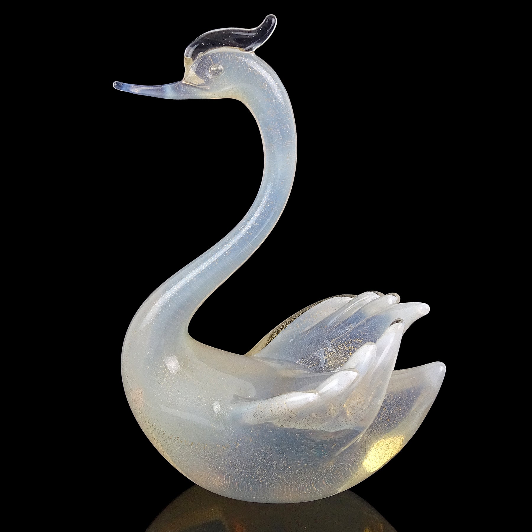 Mid-Century Modern Seguso Murano Opalescent White Gold Flecks Italian Art Glass Swan Bird Sculpture