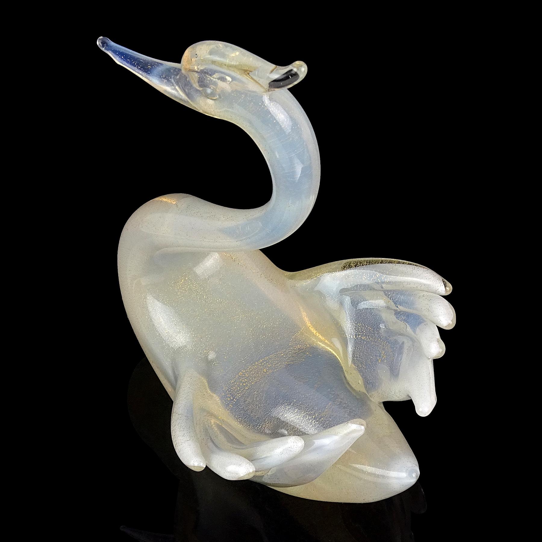 Hand-Crafted Seguso Murano Opalescent White Gold Flecks Italian Art Glass Swan Bird Sculpture