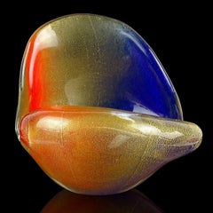 Seguso Murano Orange Blue Gold Flecks Italian Art Glass Seashell Sculpture Bowl