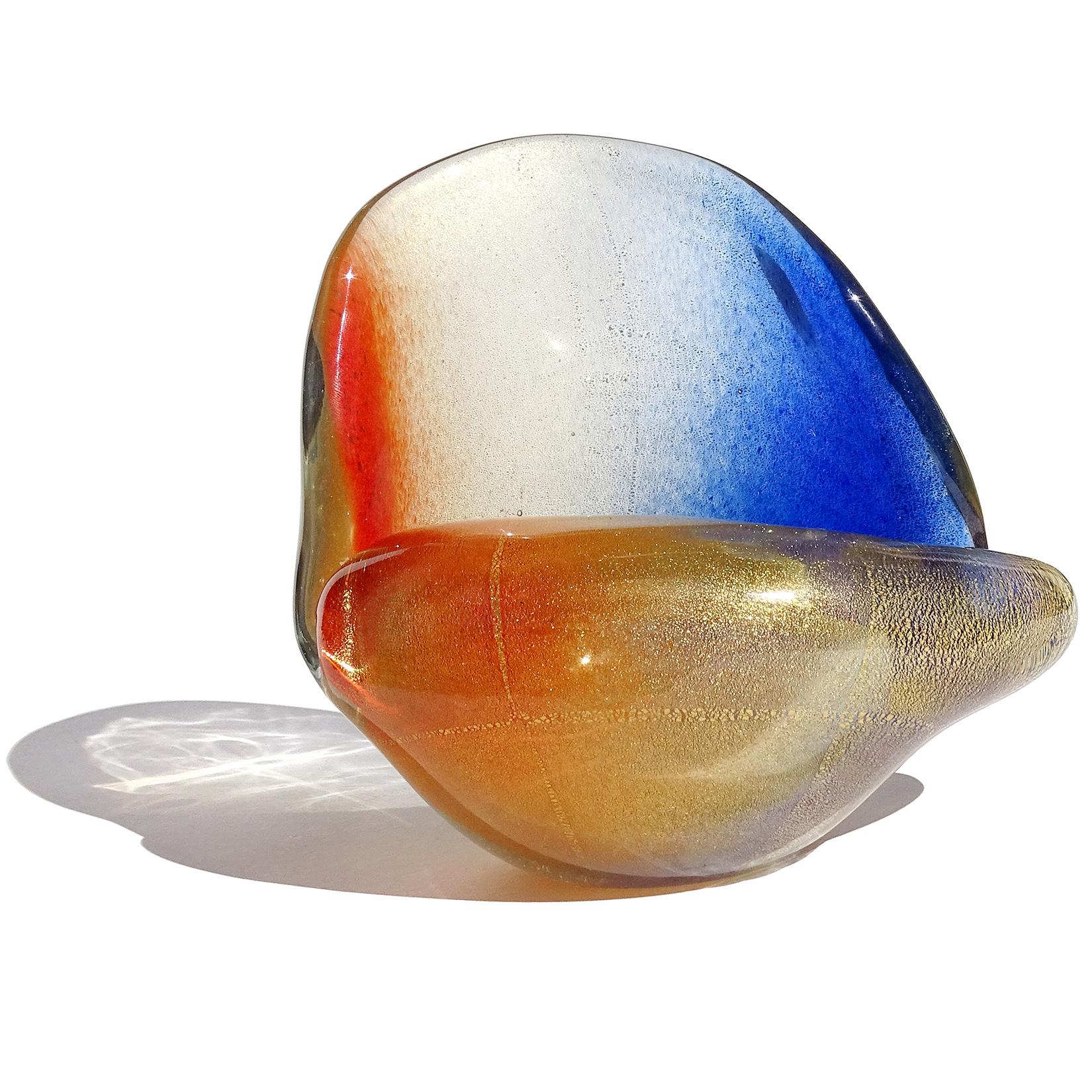 Mid-Century Modern Seguso Murano Orange Blue Gold Flecks Italian Art Glass Seashell Sculpture Bowl For Sale