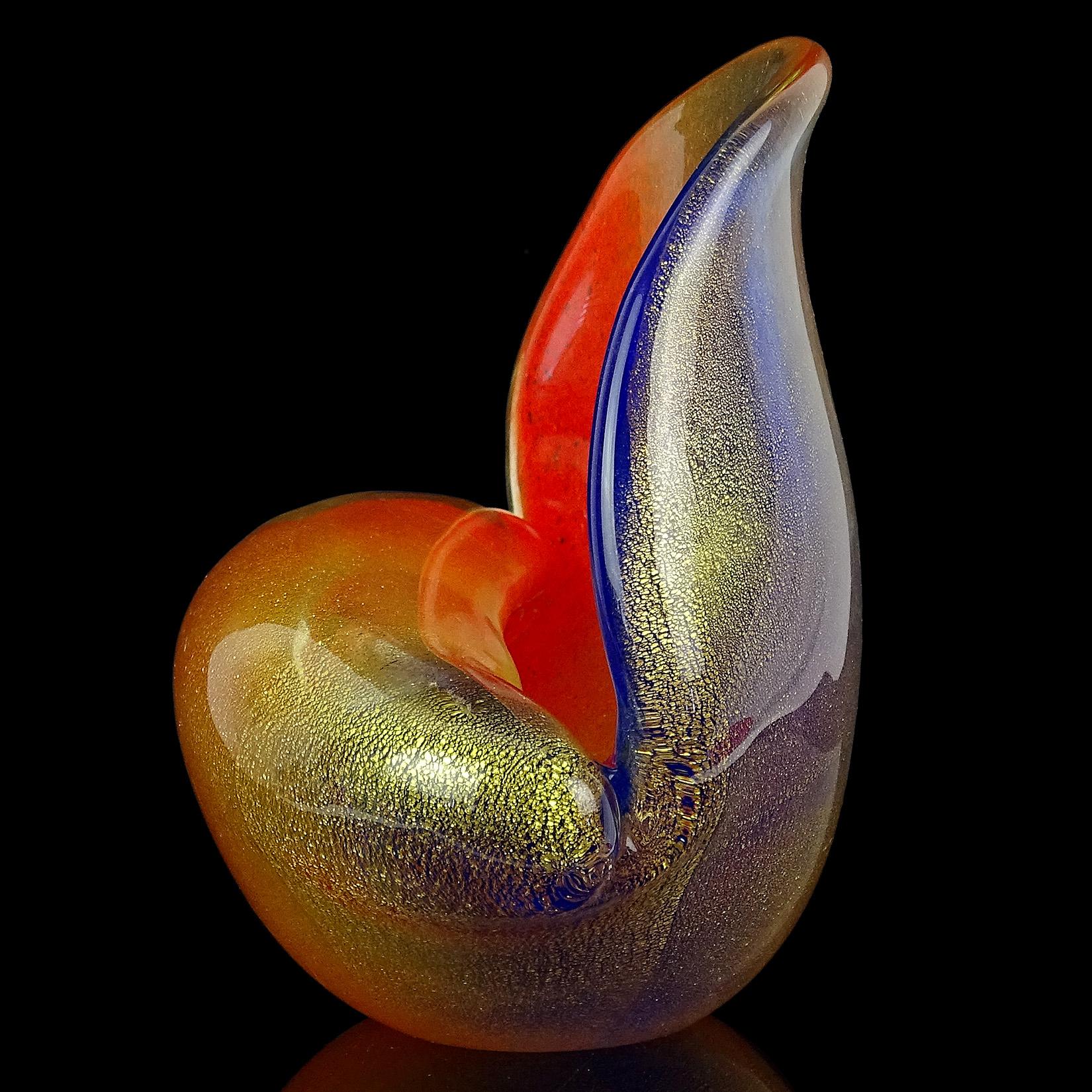 Seguso Murano Orange Blue Gold Flecks Italian Art Glass Seashell Sculpture Bowl For Sale 1
