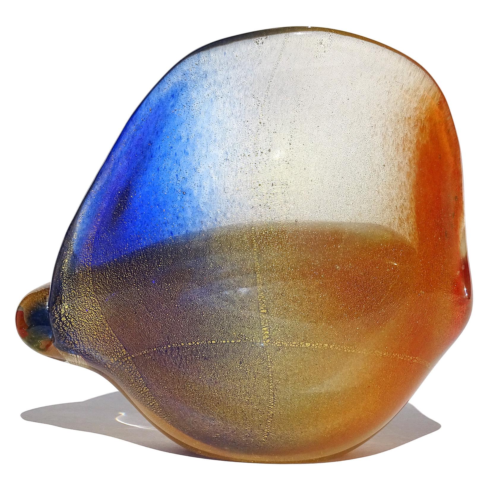 Seguso Murano Orange Blue Gold Flecks Italian Art Glass Seashell Sculpture Bowl For Sale 2