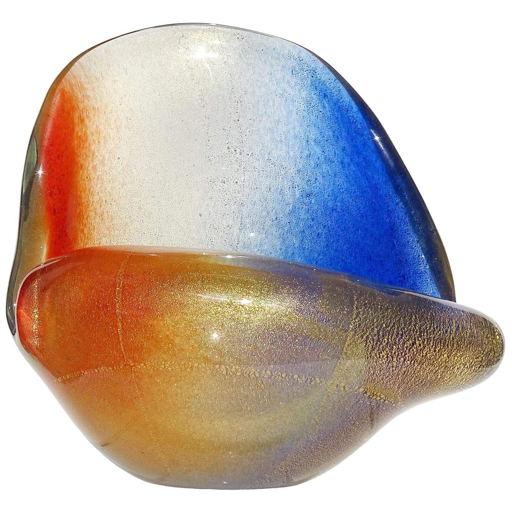 Seguso Murano Orange Blue Gold Flecks Italian Art Glass Seashell Sculpture Bowl