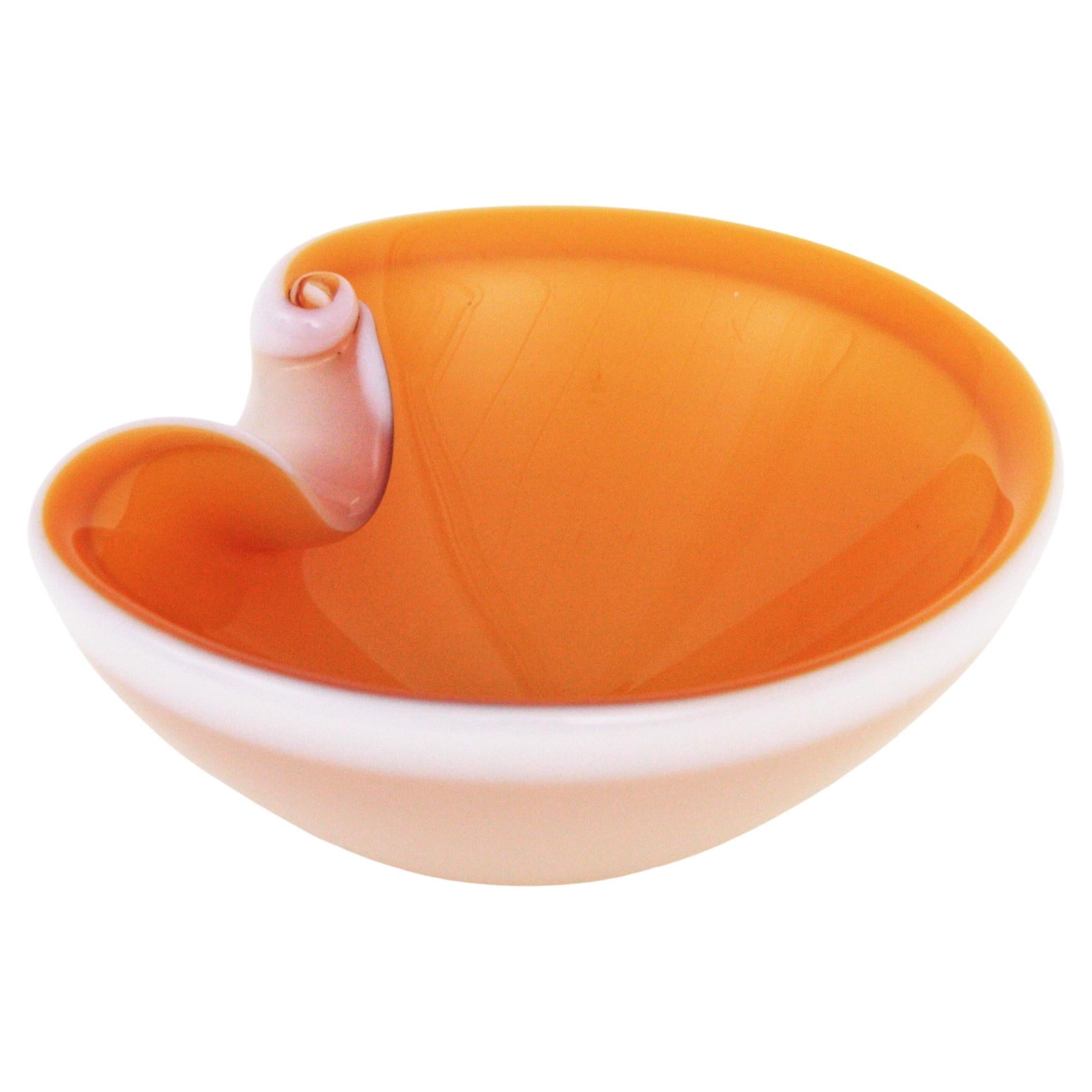 Italian Seguso Murano Orange White Art Glass Shell Bowl Ashtray For Sale