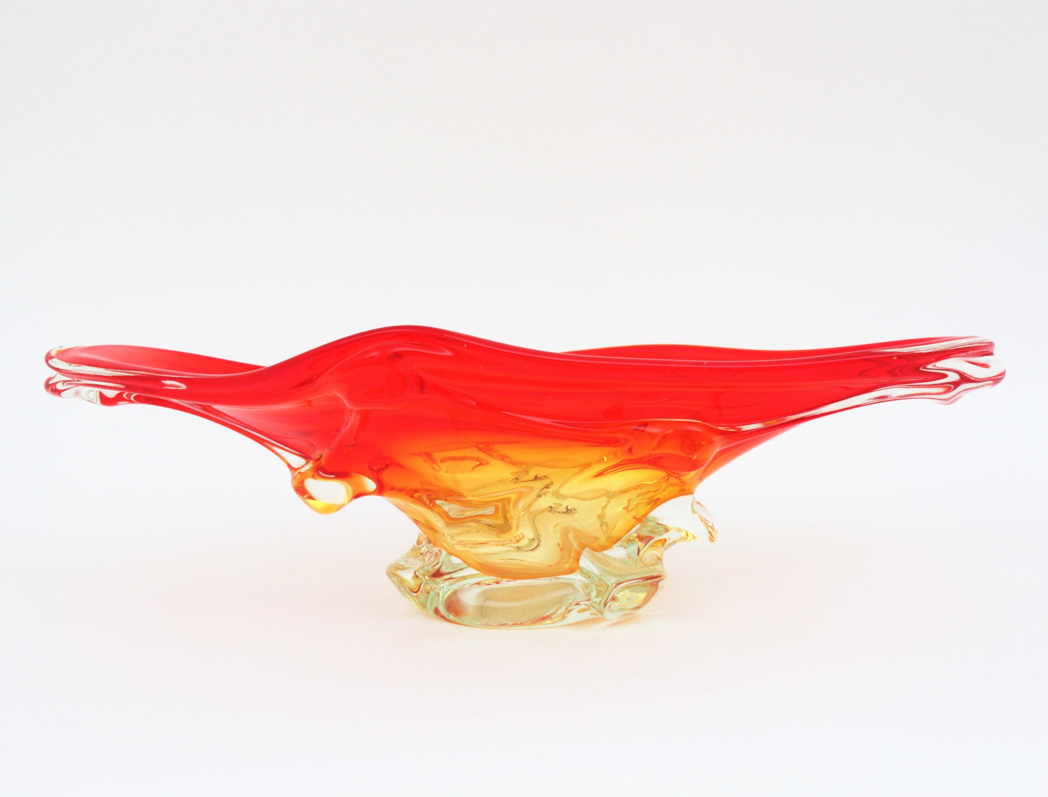 Mid-Century Modern Seguso Murano Orange Yellow Clear Sommerso Art Glass Centerpiece, 1960s For Sale