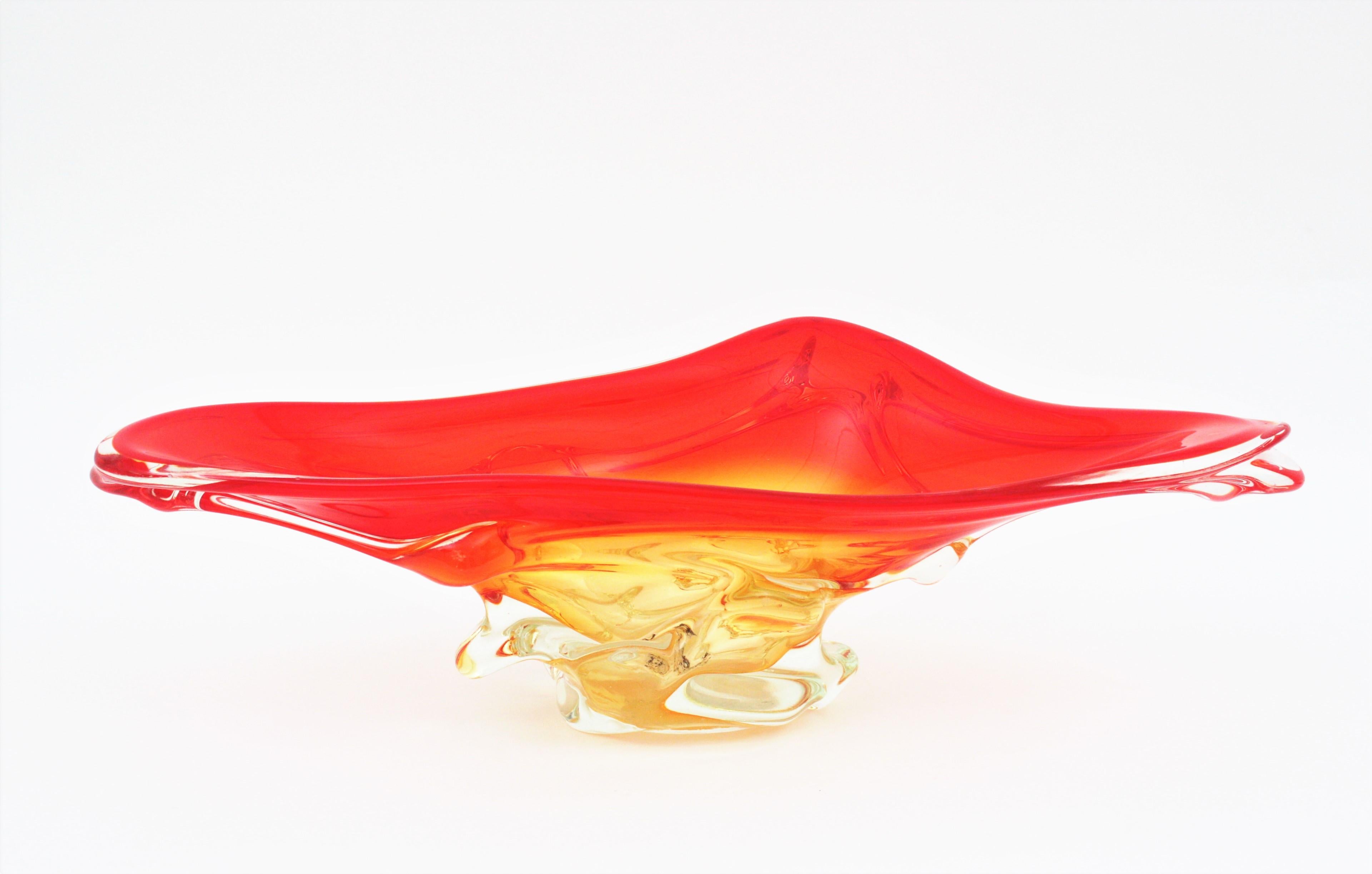 20th Century Seguso Murano Orange Yellow Clear Sommerso Art Glass Centerpiece, 1960s For Sale