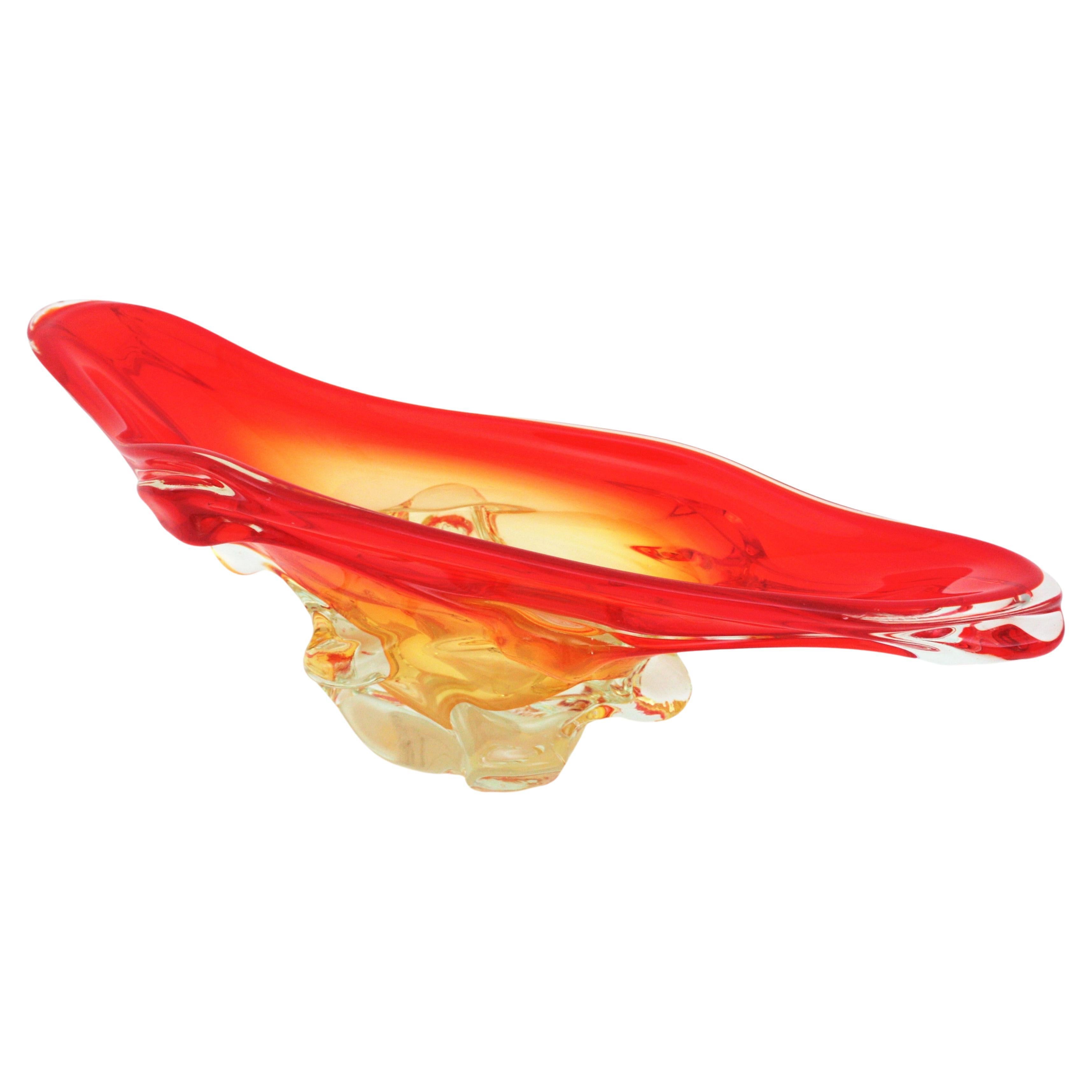 Seguso Murano Orange Yellow Clear Sommerso Art Glass Centerpiece, 1960s For Sale