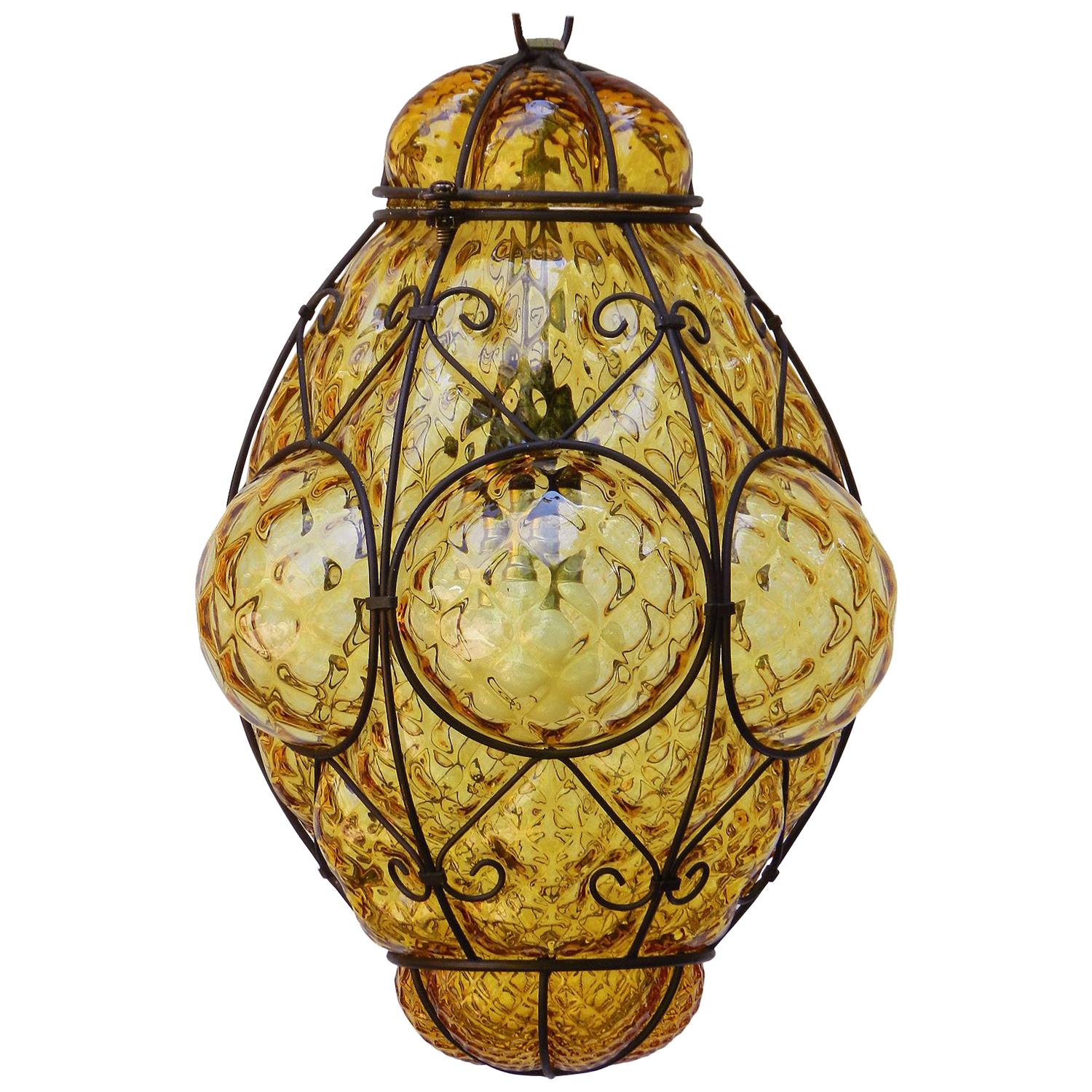 Seguso Murano Pendant Light Italian Vintage Handblown Amber Bubble Glass