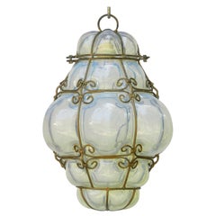 Seguso Murano - Lampe à suspension italienne vintage soufflée à la main en verre bulle opalescent