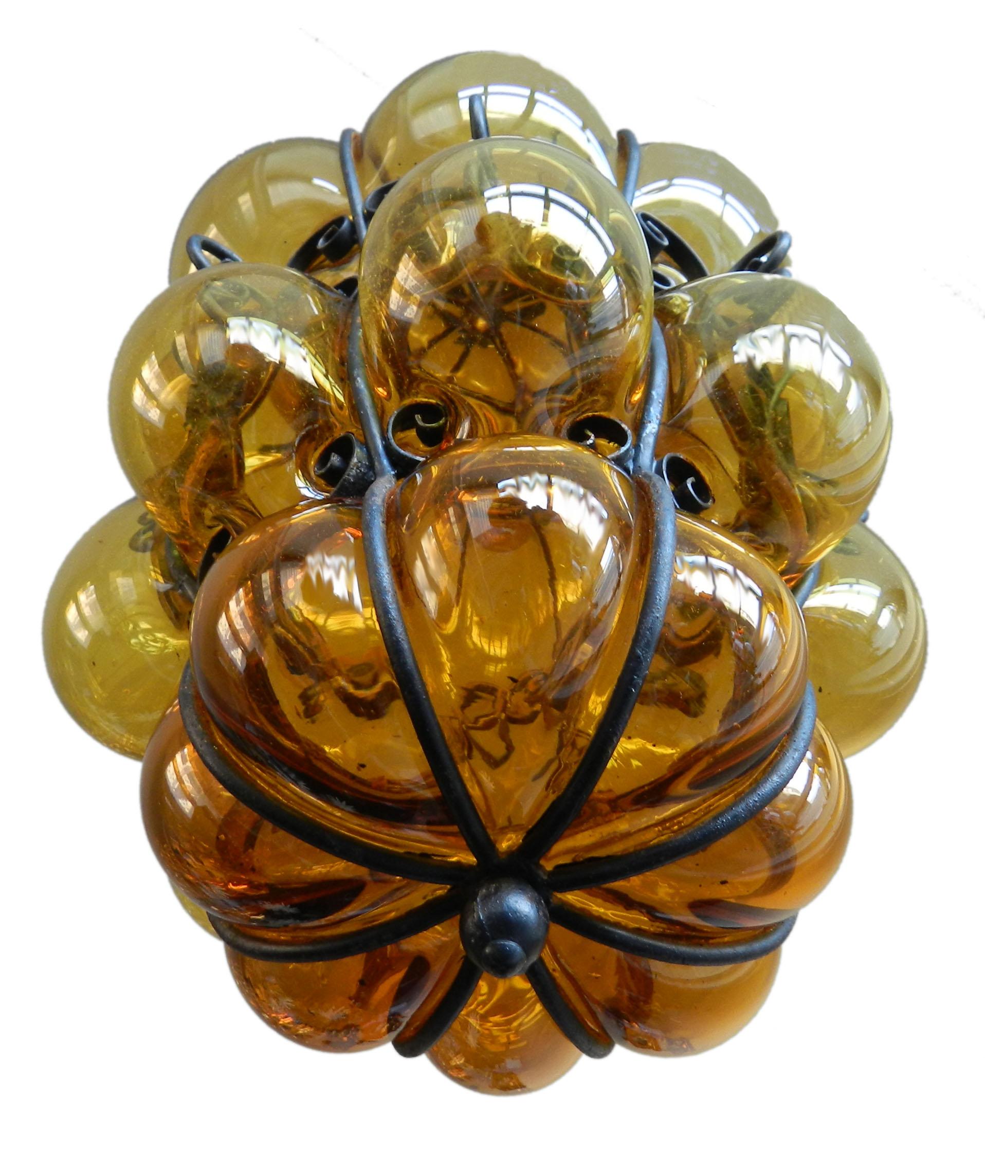 Mid-Century Modern Seguso Murano Pendant Light Huge Italian Amber Handblown Bubble Glass  For Sale