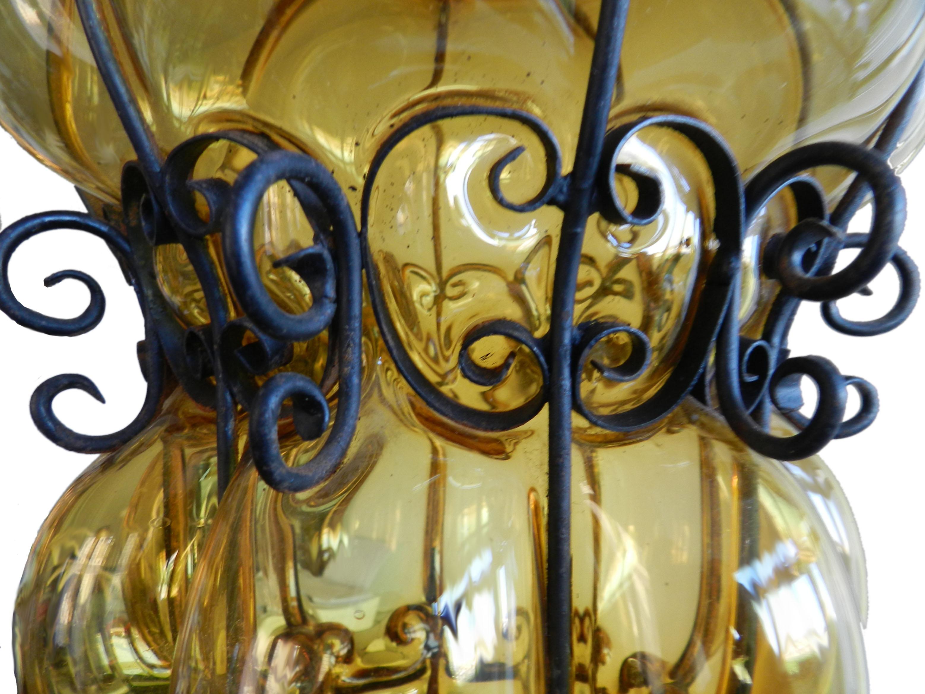 20th Century Seguso Murano Pendant Light Huge Italian Amber Handblown Bubble Glass  For Sale