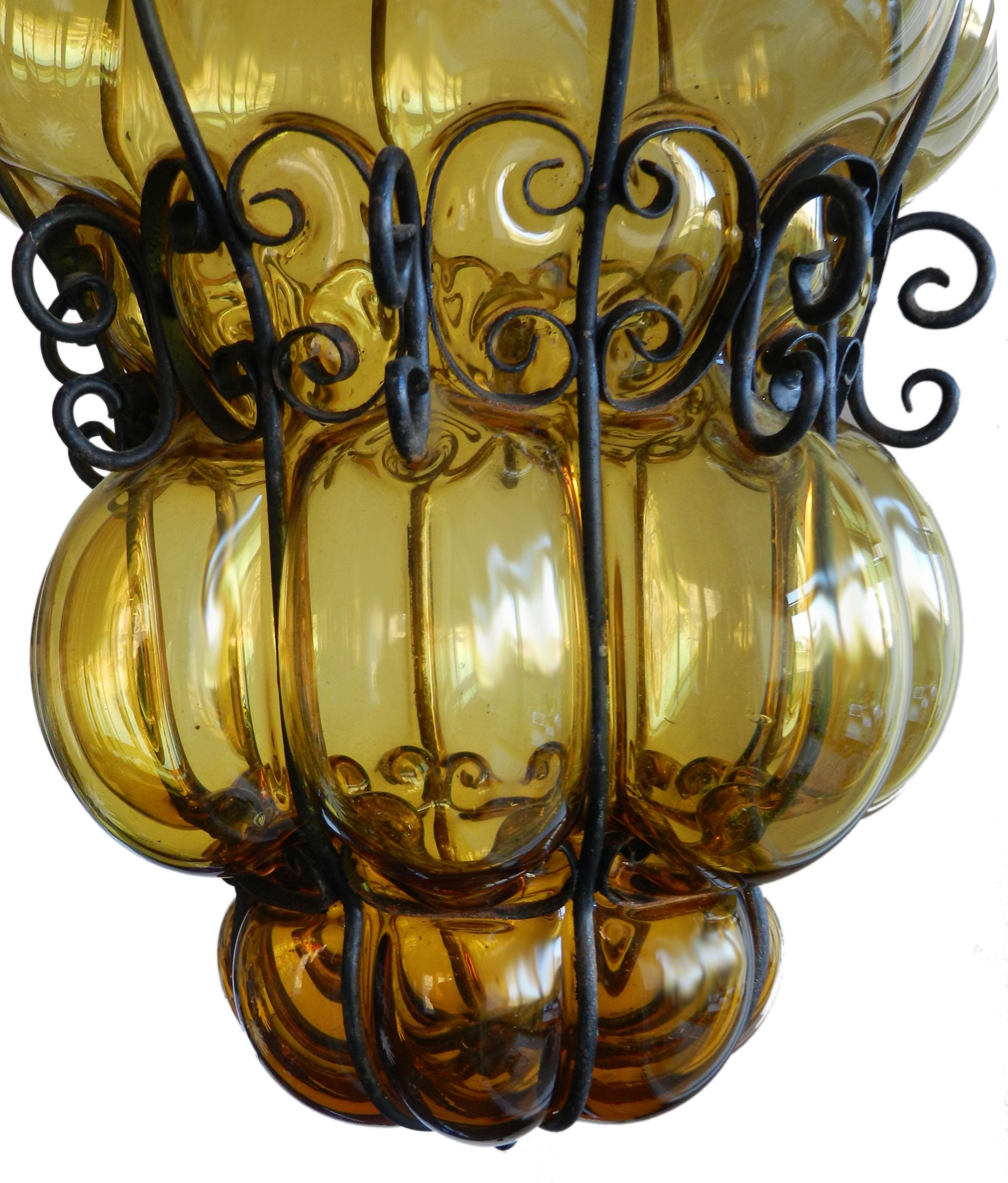 Metal Seguso Murano Pendant Light Huge Italian Amber Handblown Bubble Glass  For Sale