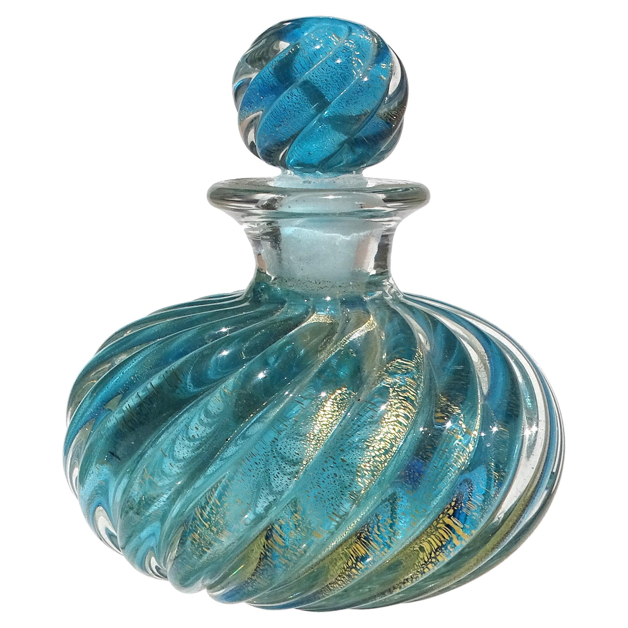 Seguso Murano Perfume Bottle Aqua Blue Gold Flecks Italian Art Glass Sommerso