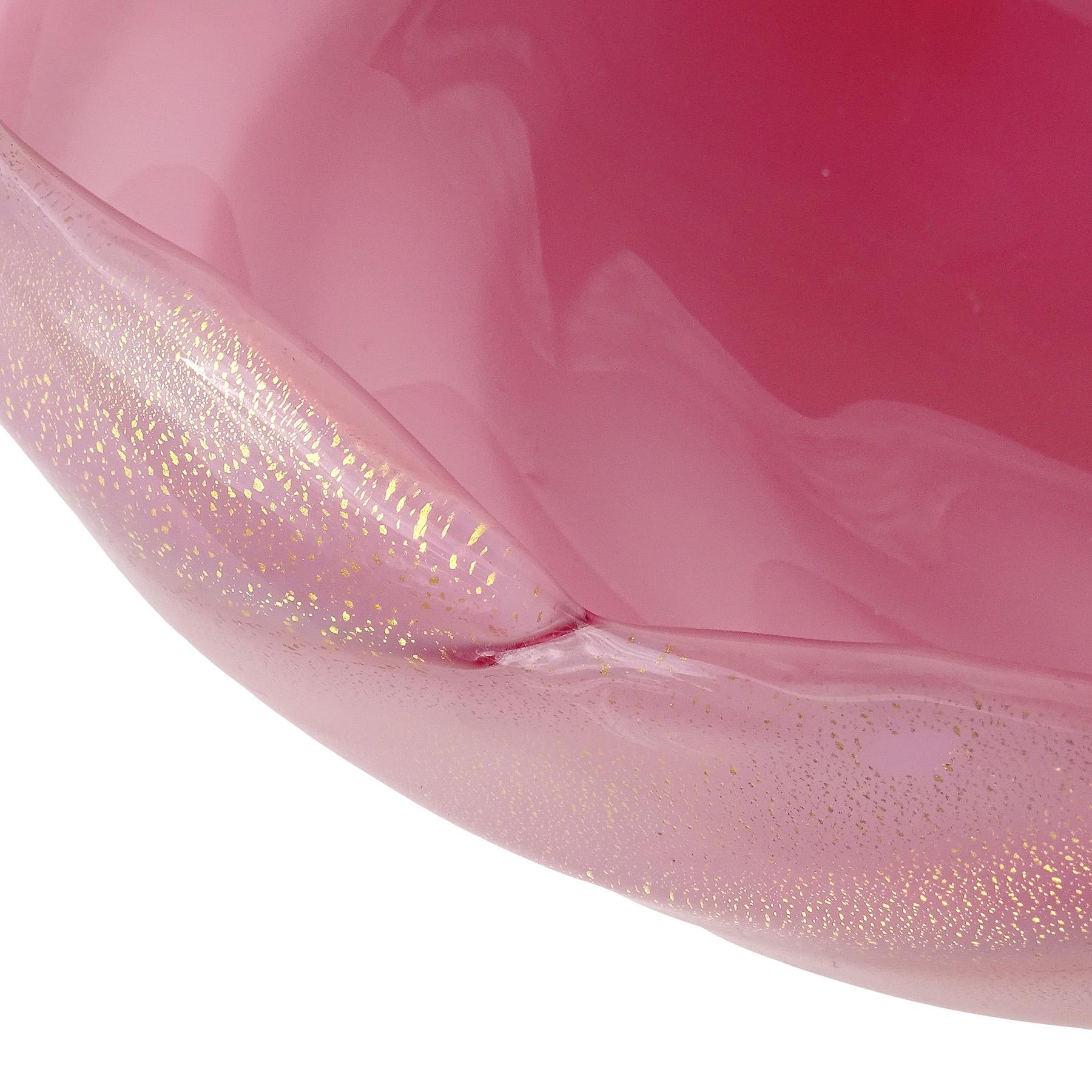 Seguso Murano Pink Opalino Gold Flecks Italian Art Glass Ribbed Large Bowl 1