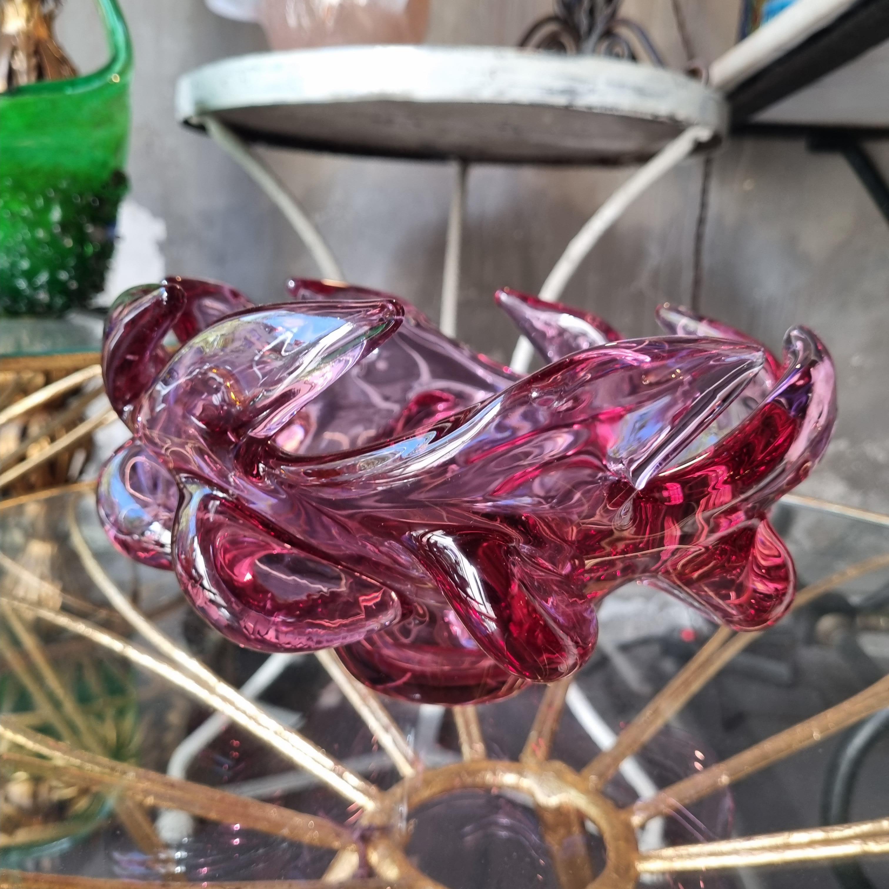 Bol de centre de table Seguso Murano Sommerso en verre d'art rose et violet en vente 2
