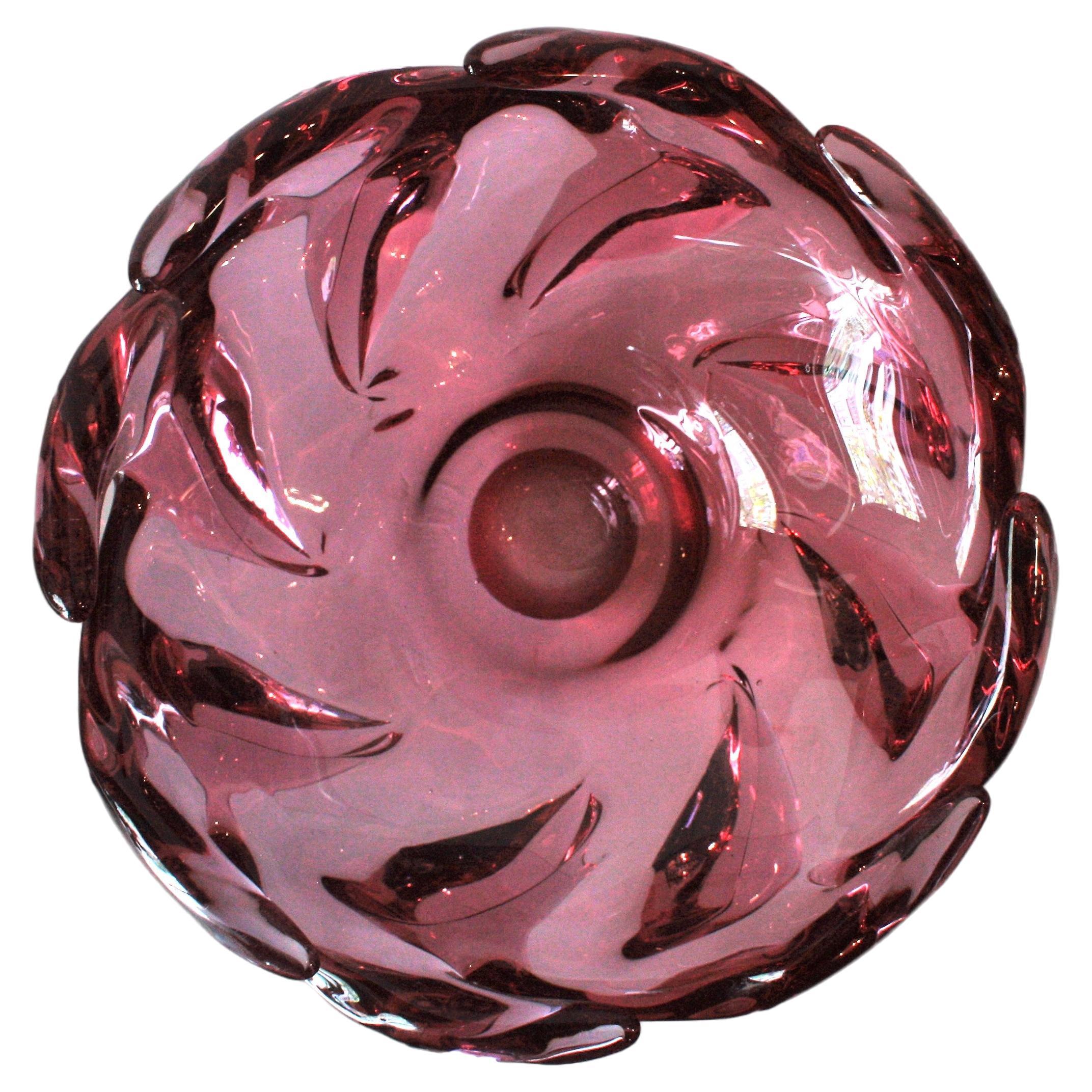 Italian Seguso Murano Pink Purple Sommerso Art Glass Centerpiece Bowl For Sale