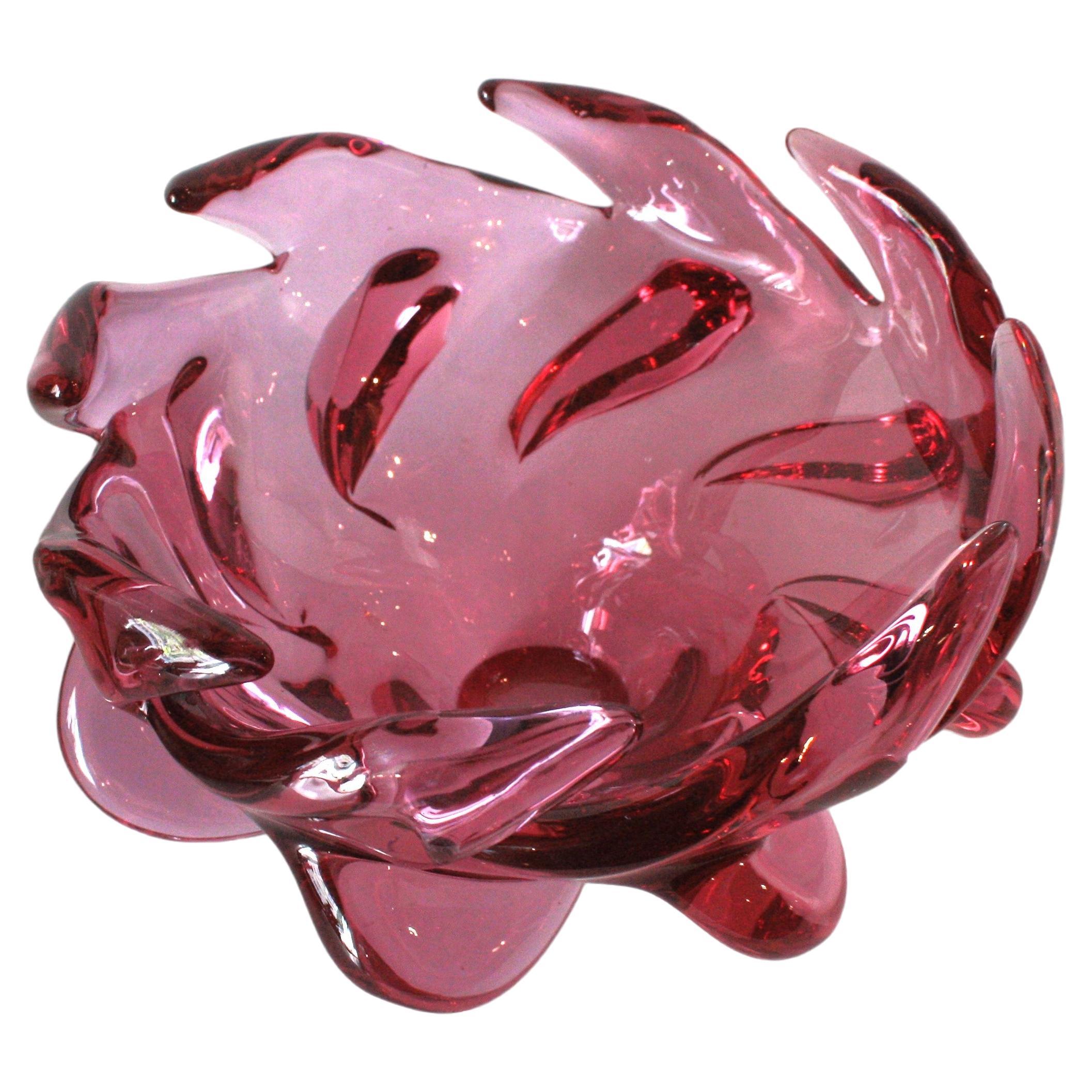 Verre Bol de centre de table Seguso Murano Sommerso en verre d'art rose et violet en vente