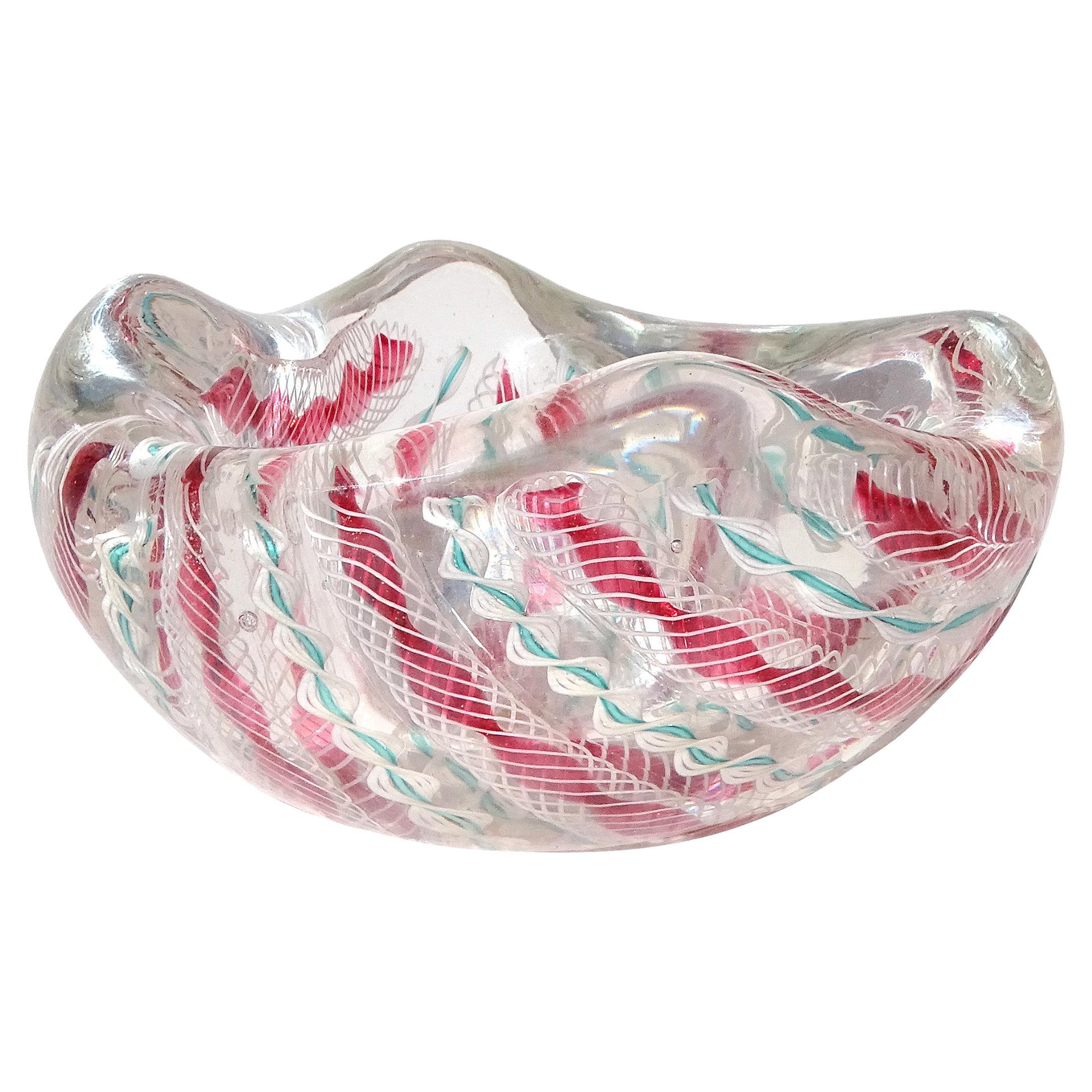Ciotola in vetro artistico italiano Seguso Murano Pink Teal White Twisting Ribbs