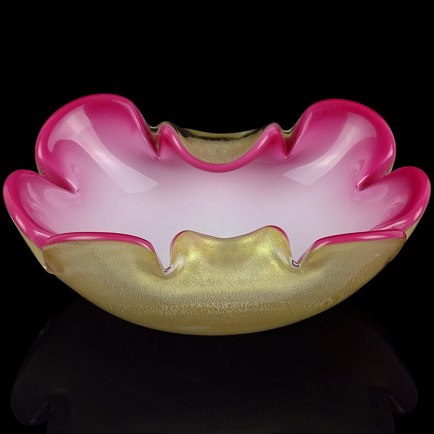 20th Century Seguso Murano Pink White Gold Flecks Italian Art Glass Midcentury Flower Bowl