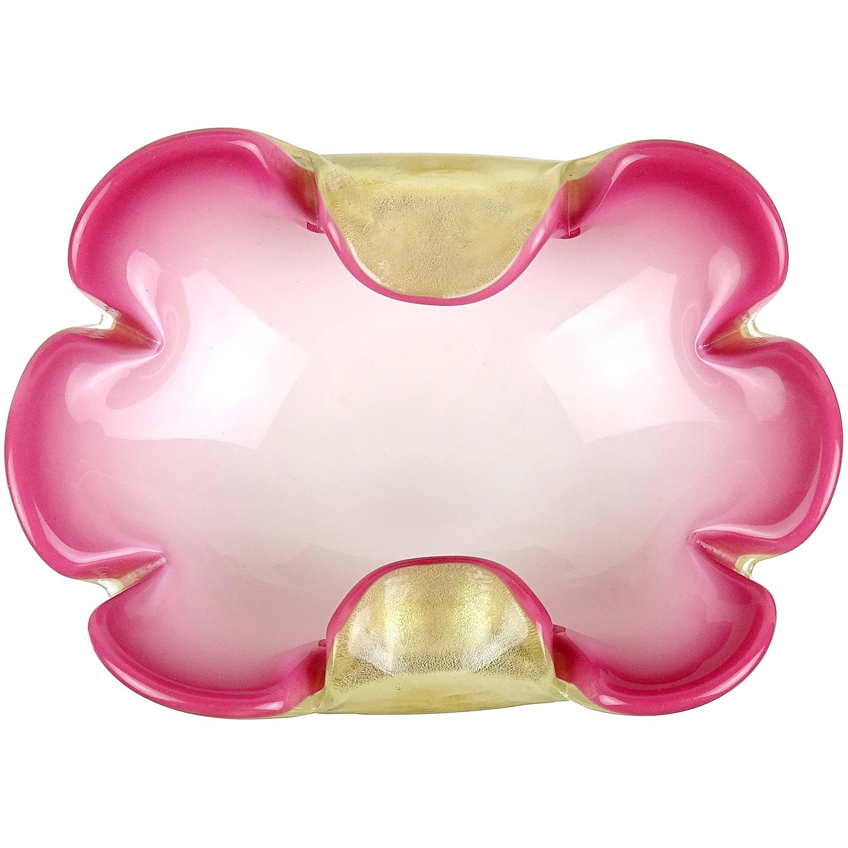 Seguso Murano Pink White Gold Flecks Italian Art Glass Midcentury Flower Bowl