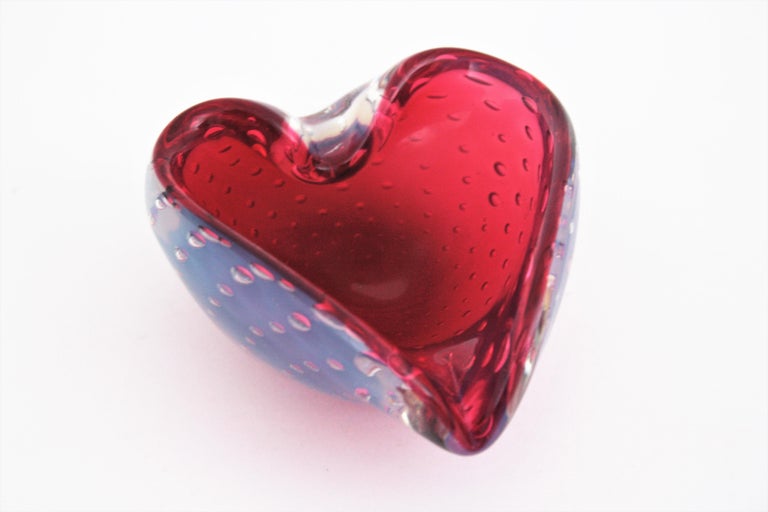 Seguso Murano Pink White Opalescent Art Glass Heart Bowl, 1950s For