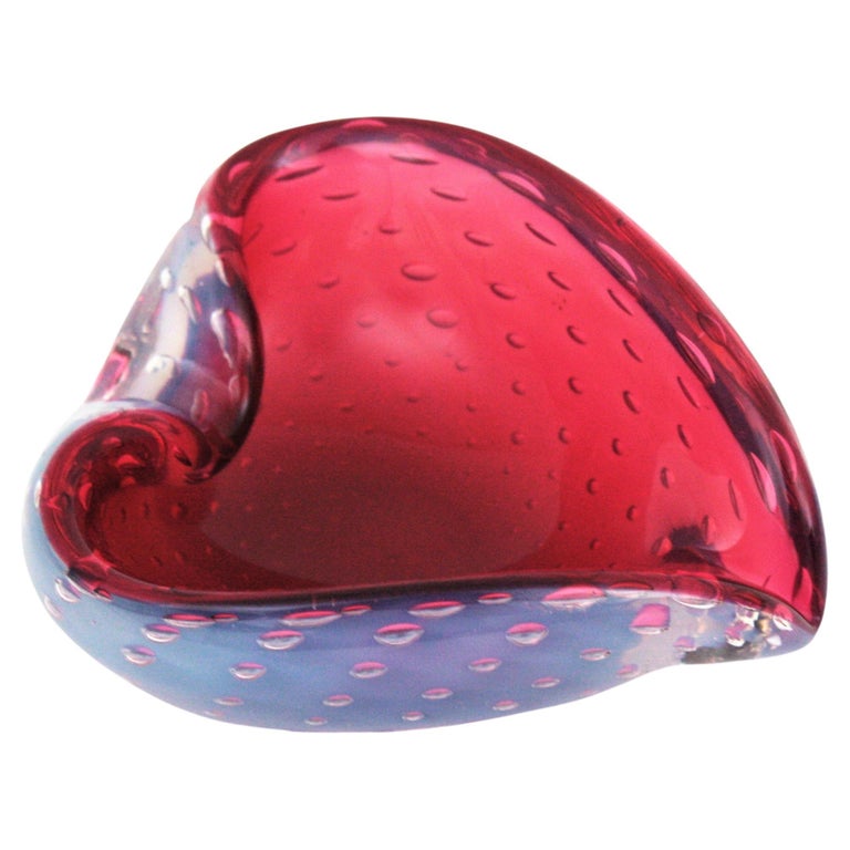 Seguso Murano Pink White Opalescent Art Glass Heart Bowl, 1950s For